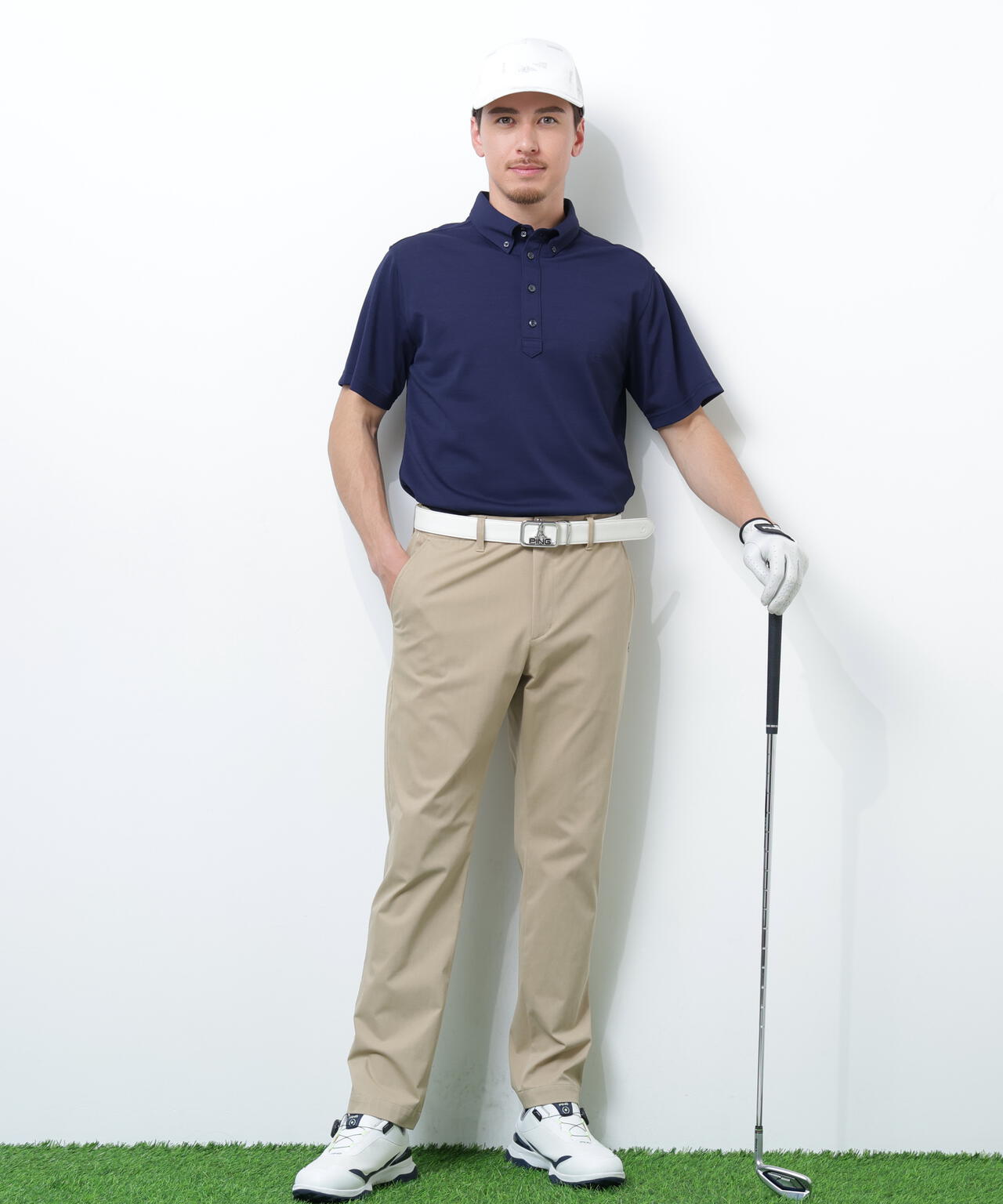 【PING APPAREL】Mr.PINGエンボスカノコ レイブロック半袖ボタンダウンシャツ <NAITVE> (MENS)