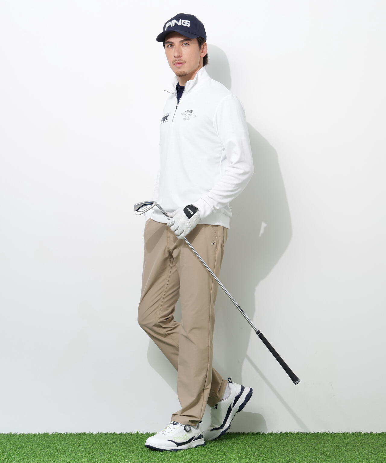 【PING APPAREL】全方向ストレッチダブルフェイスドライミックスアイストーンハーフジップカットソー <NATIVE> (MENS)