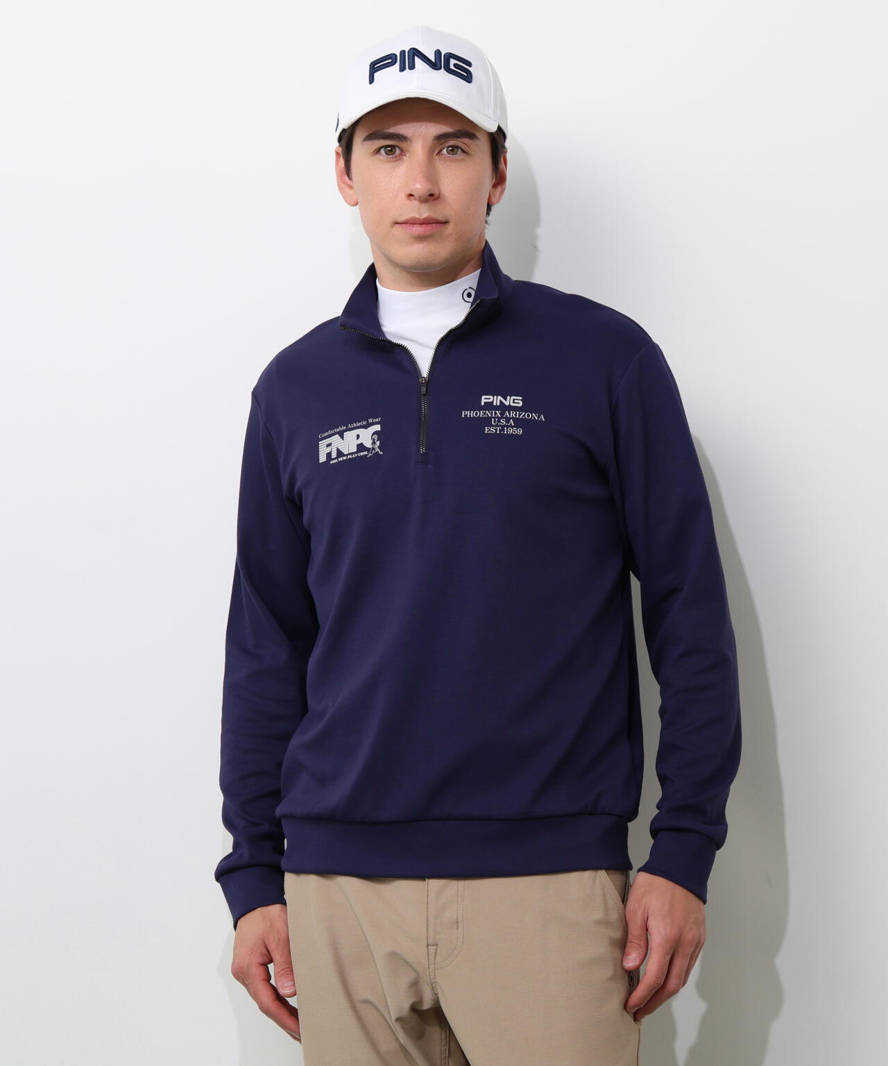【PING APPAREL】全方向ストレッチダブルフェイスドライミックスアイストーンハーフジップカットソー <NATIVE> (MENS)