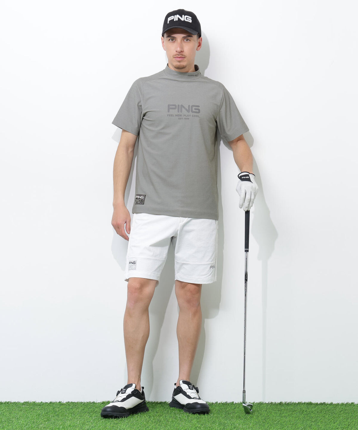 【PING APPAREL】レイブロックエコマイクロカノコ半袖ハイネックシャツ <GOLD> (MENS)
