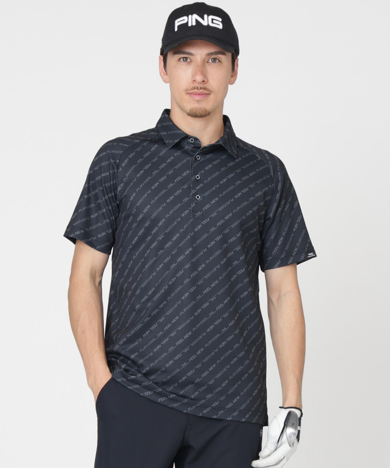【PING APPAREL】軽量ブリスターバイアスロゴストライププリント半袖ポロシャツ (MENS)