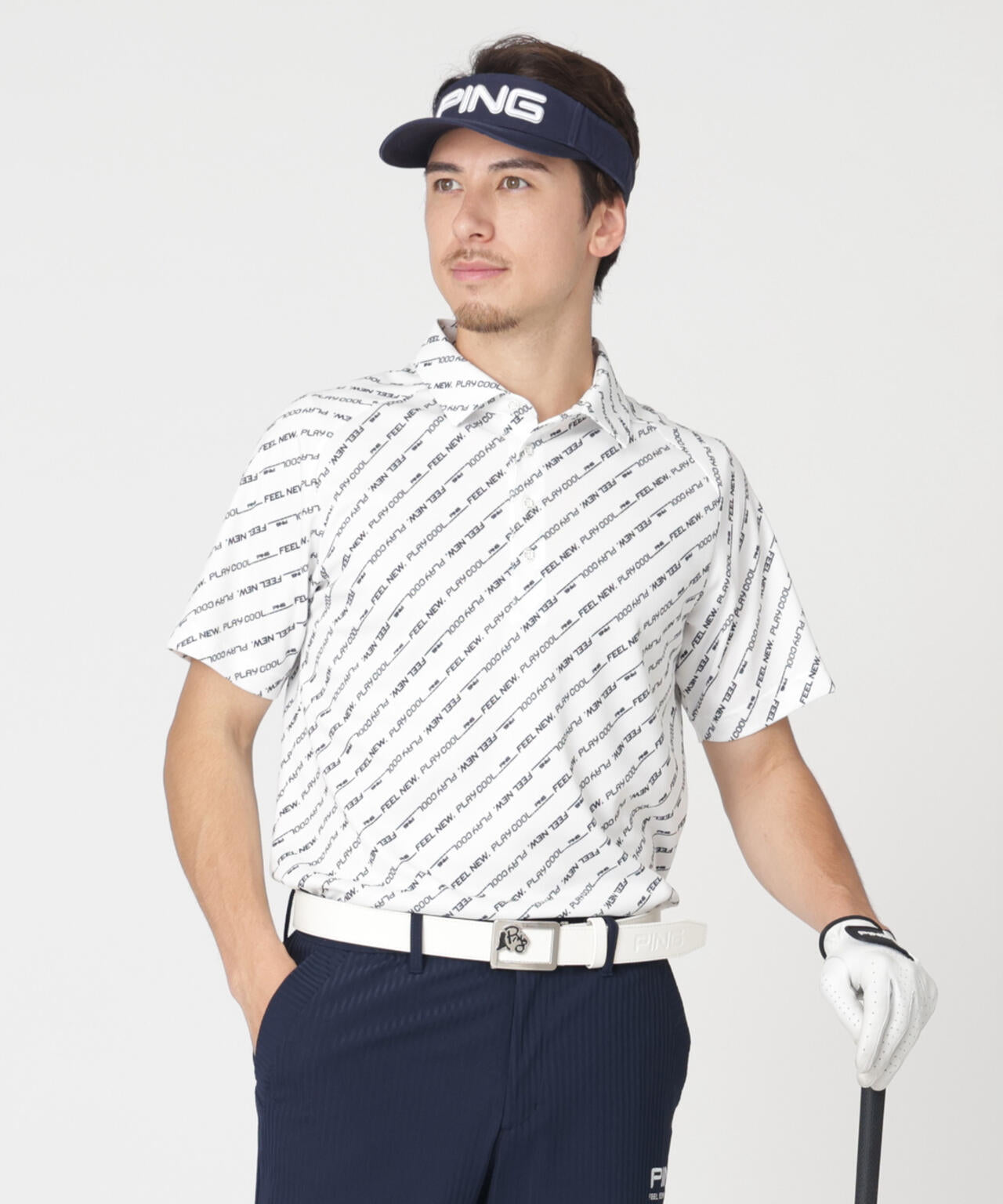 【PING APPAREL】軽量ブリスターバイアスロゴストライププリント半袖ポロシャツ (MENS)