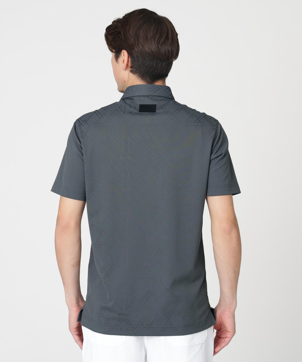 【PING APPAREL】ストレッチダルブラ三角幾何学柄ジャガード半袖ポロシャツ (MENS)