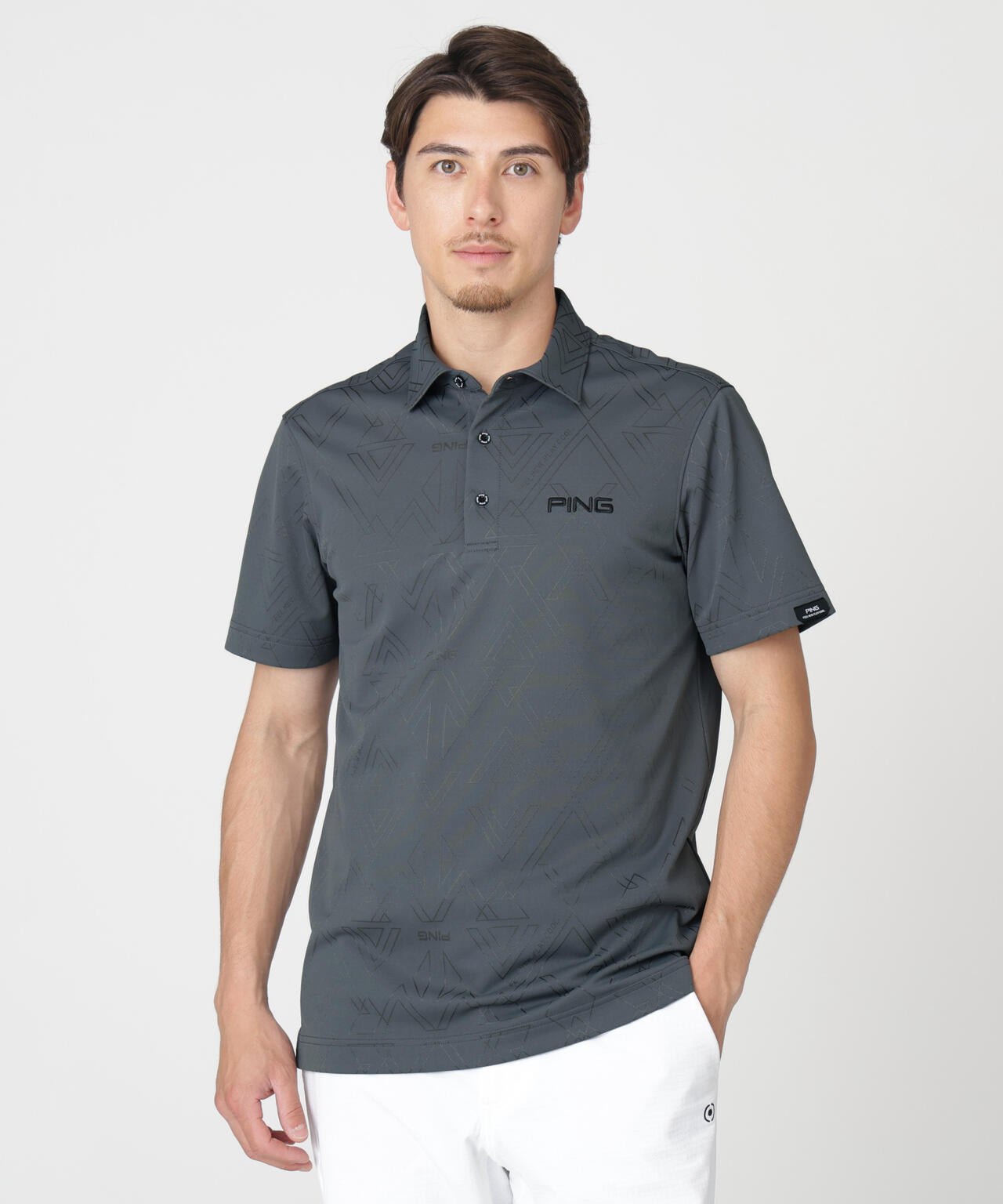 【PING APPAREL】ストレッチダルブラ三角幾何学柄ジャガード半袖ポロシャツ (MENS)