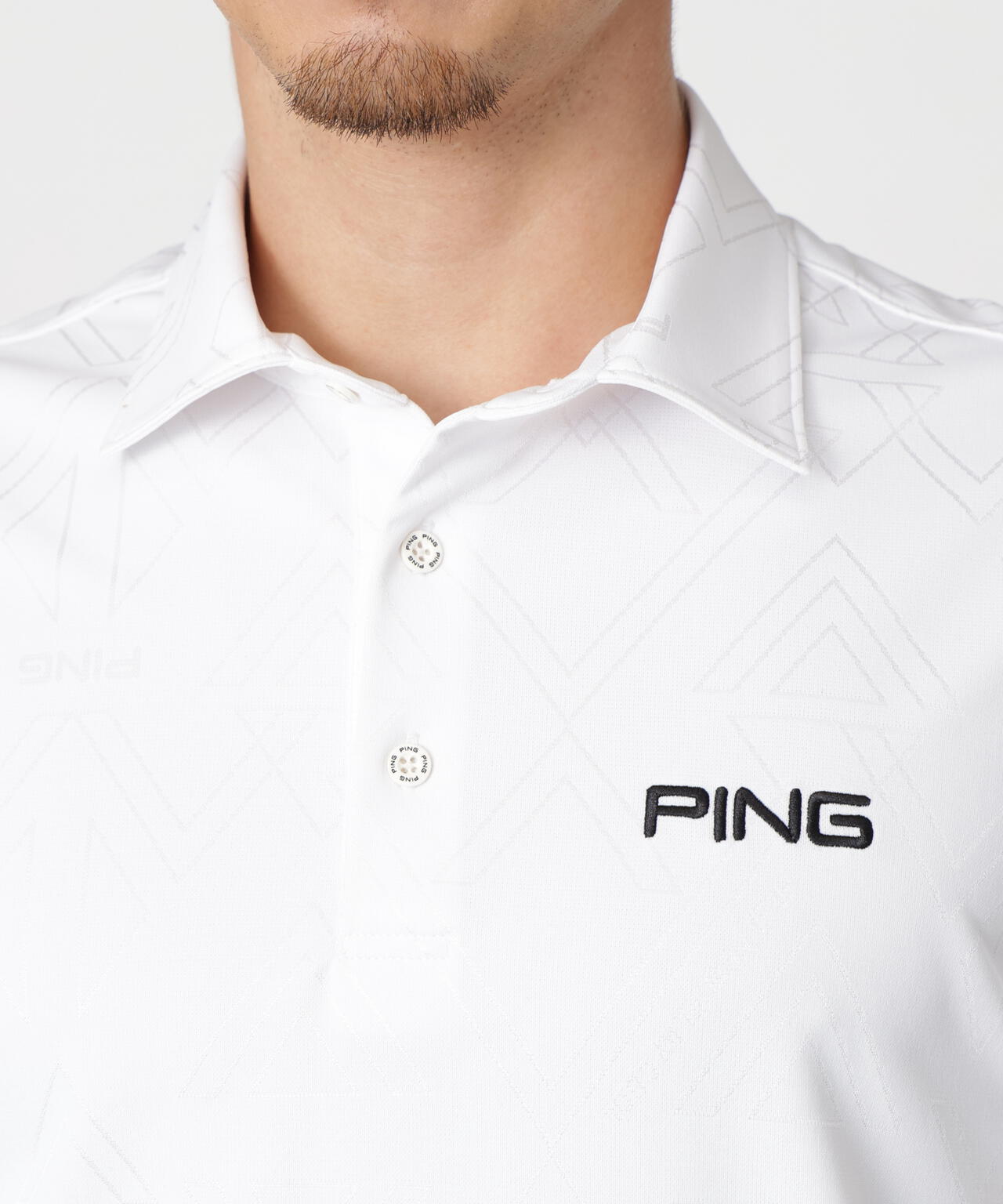 【PING APPAREL】ストレッチダルブラ三角幾何学柄ジャガード半袖ポロシャツ (MENS)