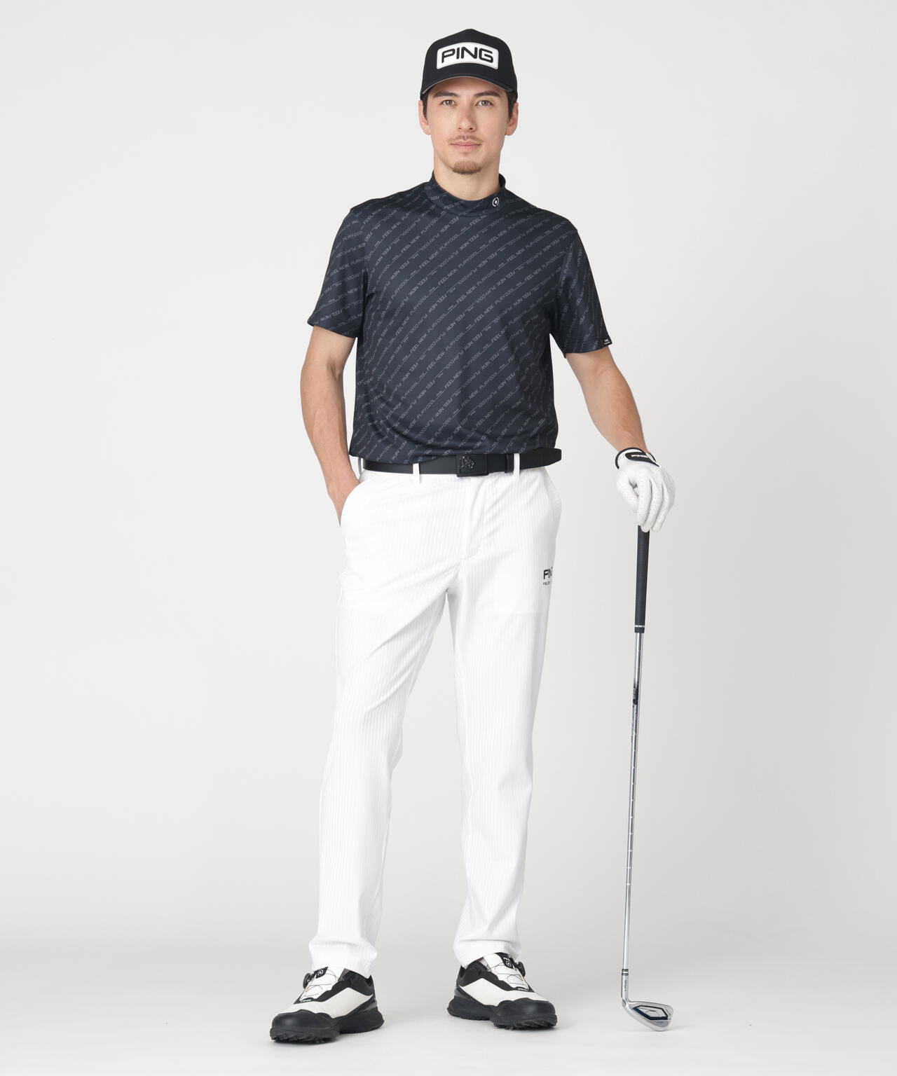【PING APPAREL】軽量ブリスターバイアスロゴストライププリント半袖ハイネックシャツ (MENS)