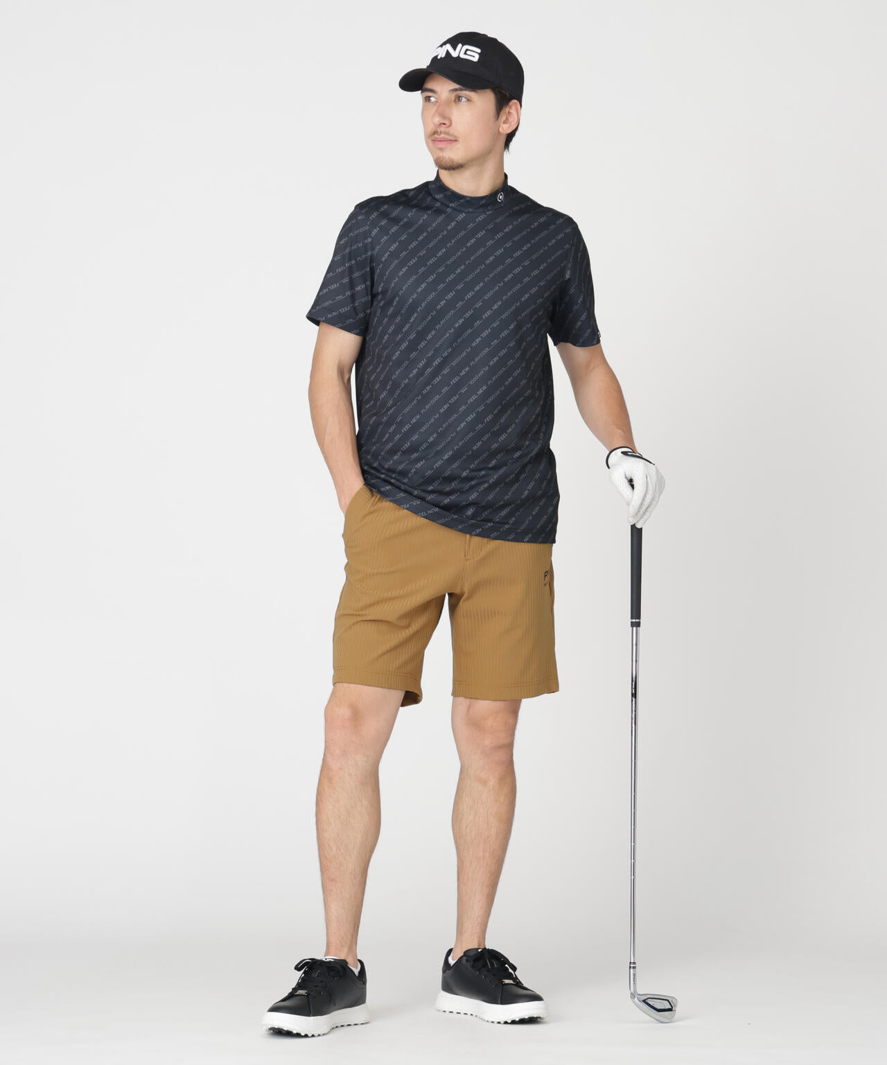 【PING APPAREL】軽量ブリスターバイアスロゴストライププリント半袖ハイネックシャツ (MENS)