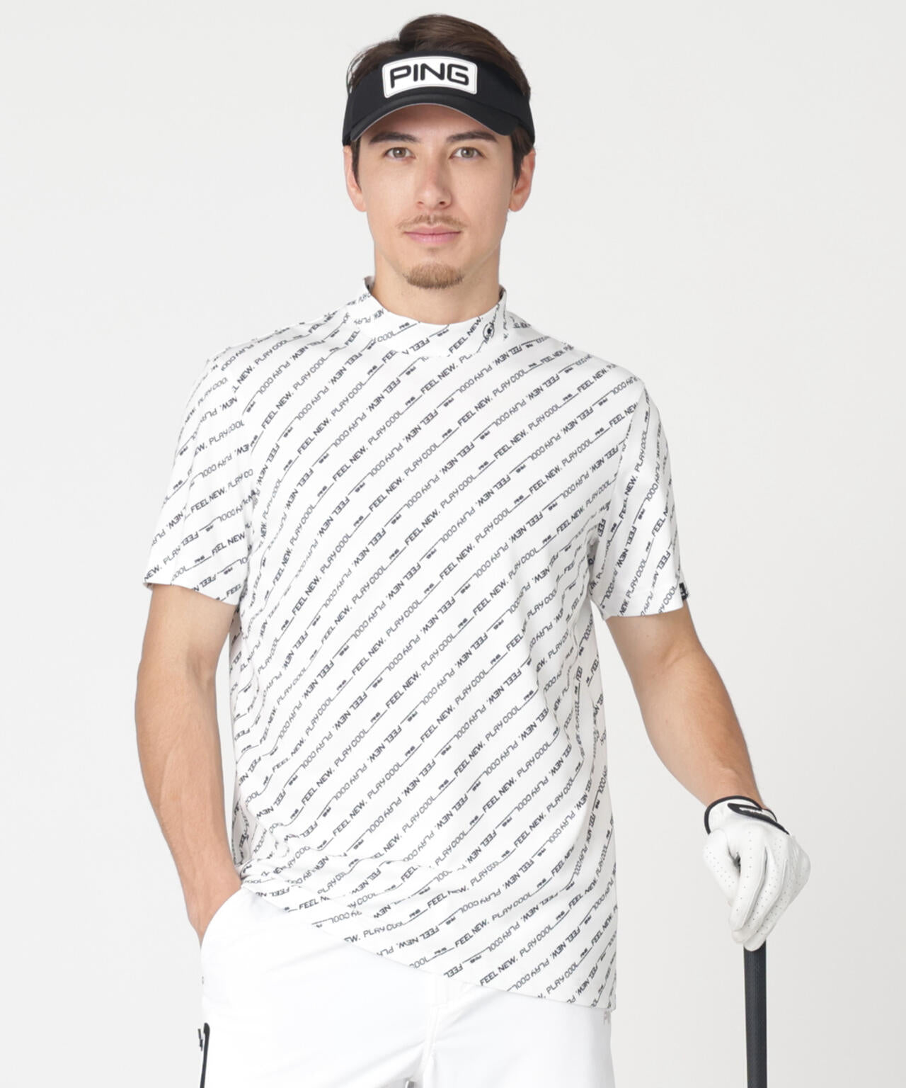 【PING APPAREL】軽量ブリスターバイアスロゴストライププリント半袖ハイネックシャツ (MENS)