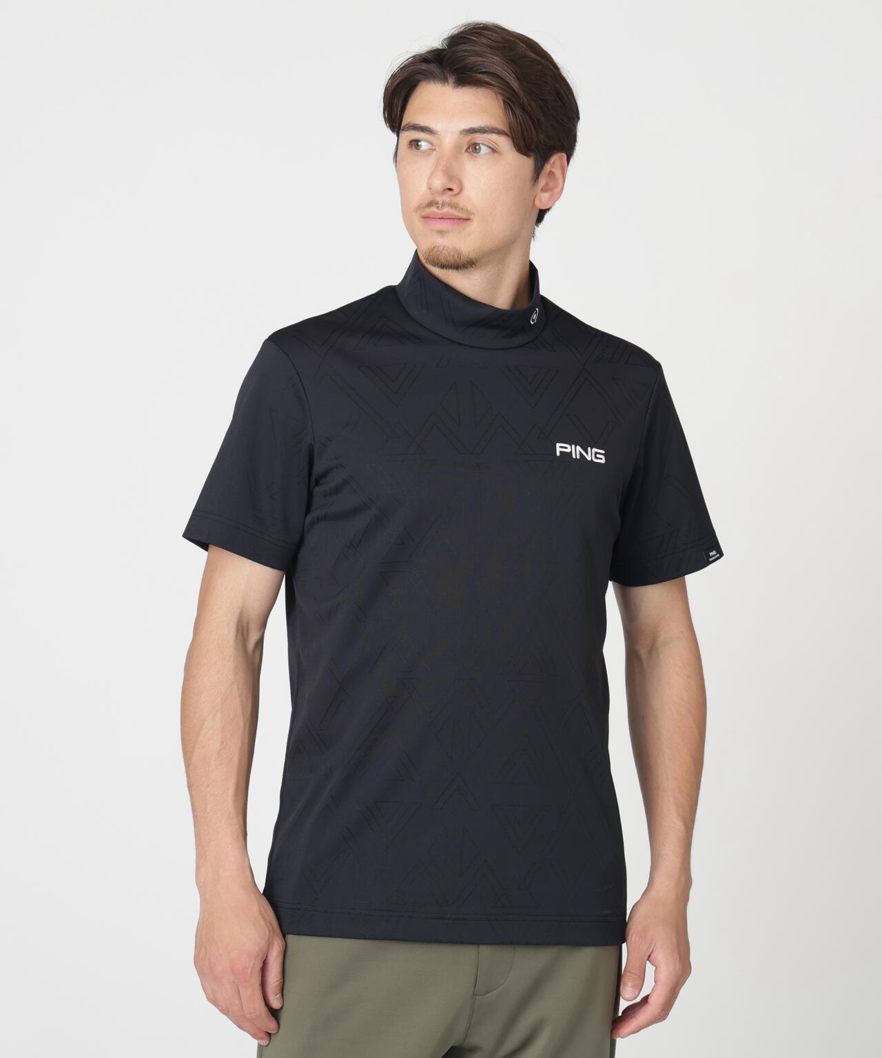 【PING APPAREL】ストレッチダルブラ三角幾何学柄ジャカード半袖ハイネックシャツ (MENS)