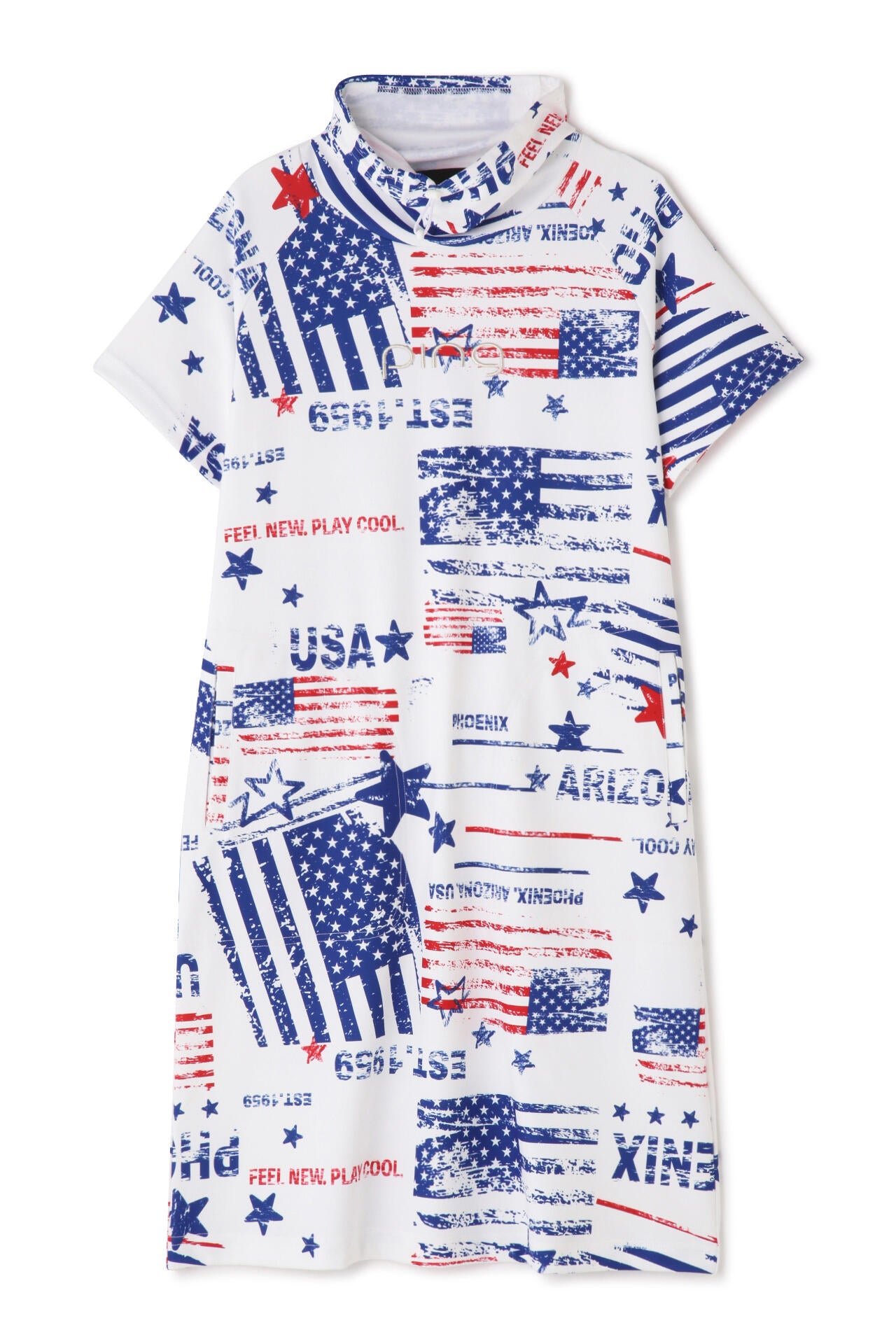 【PING APPAREL】ニューアメリカンフラッグプリント柄 スムース半袖フーディ調ワンピース <NATIVE> (LADIES)