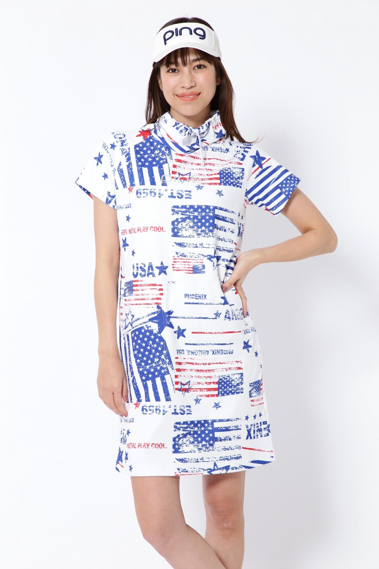 【PING APPAREL】ニューアメリカンフラッグプリント柄 スムース半袖フーディ調ワンピース <NATIVE> (LADIES)