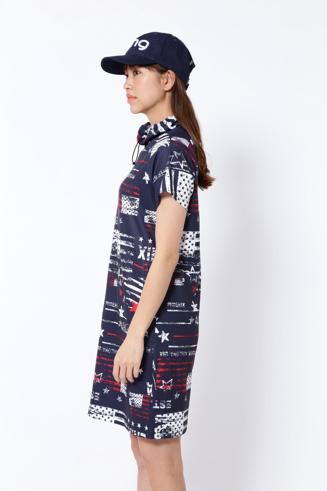【PING APPAREL】ニューアメリカンフラッグプリント柄 スムース半袖フーディ調ワンピース <NATIVE> (LADIES)