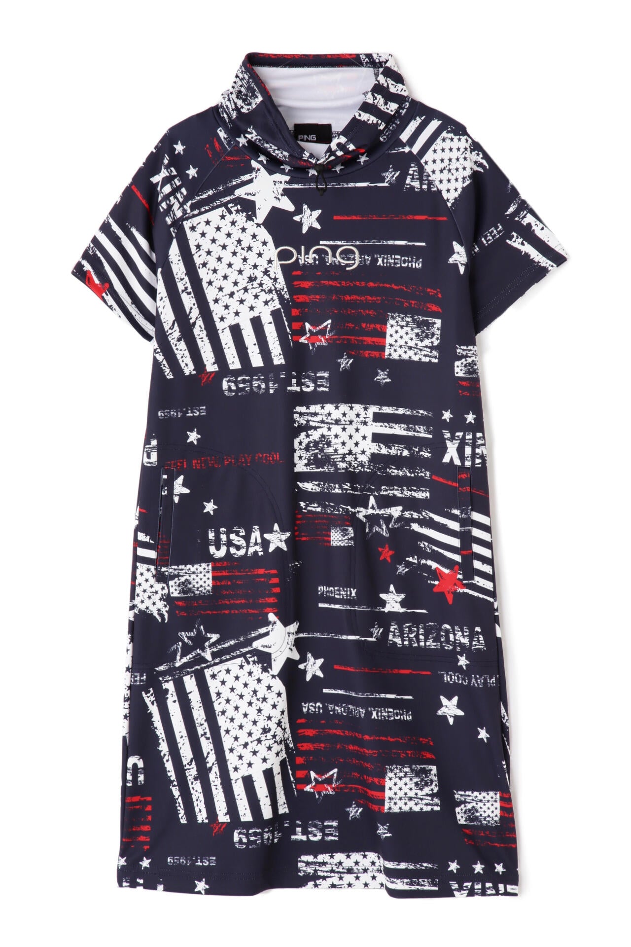 【PING APPAREL】ニューアメリカンフラッグプリント柄 スムース半袖フーディ調ワンピース <NATIVE> (LADIES)