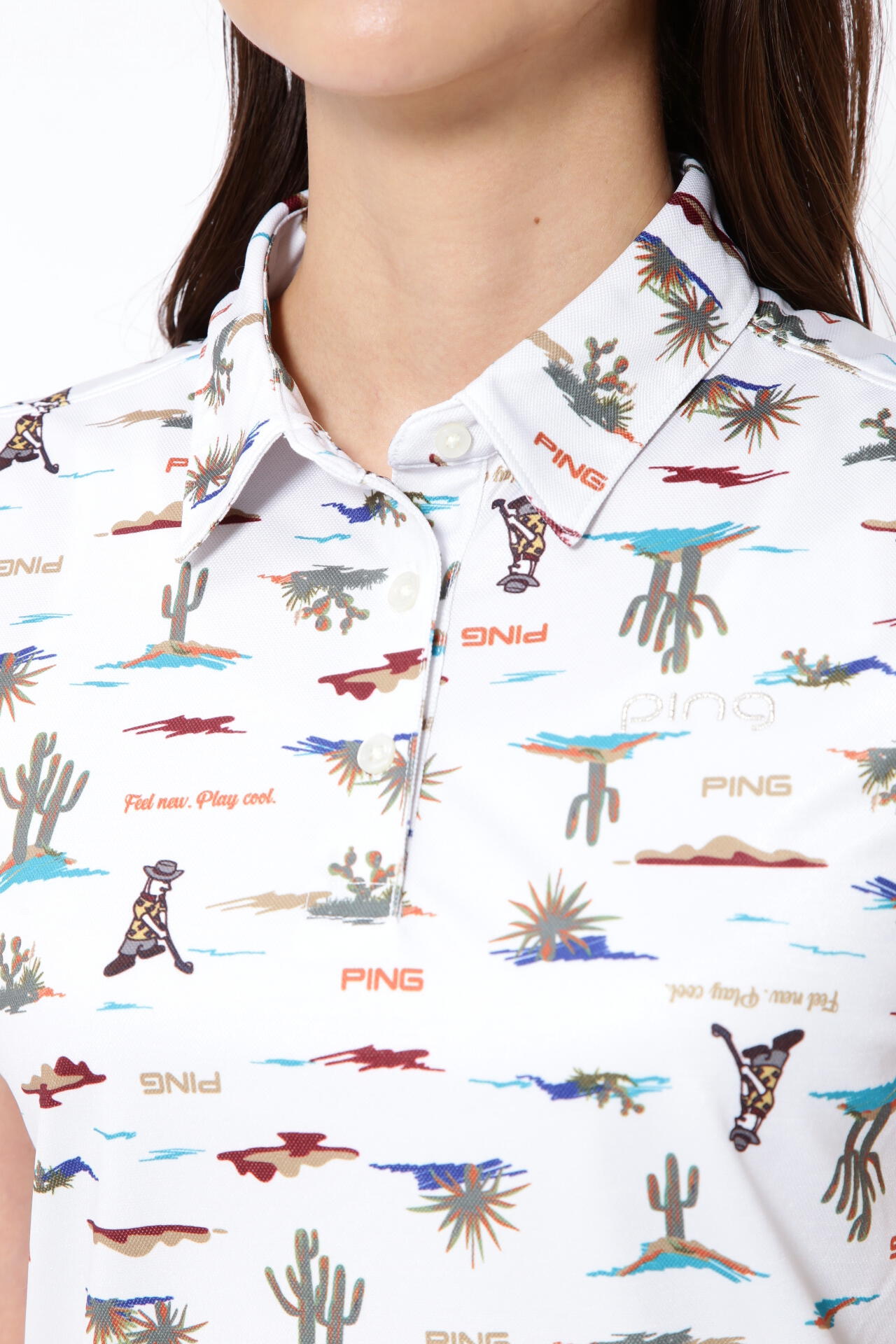 【PING APPAREL】プレイオンザデザートプリントカノコ半袖ポロシャツ <NATIVE> (LADIES)