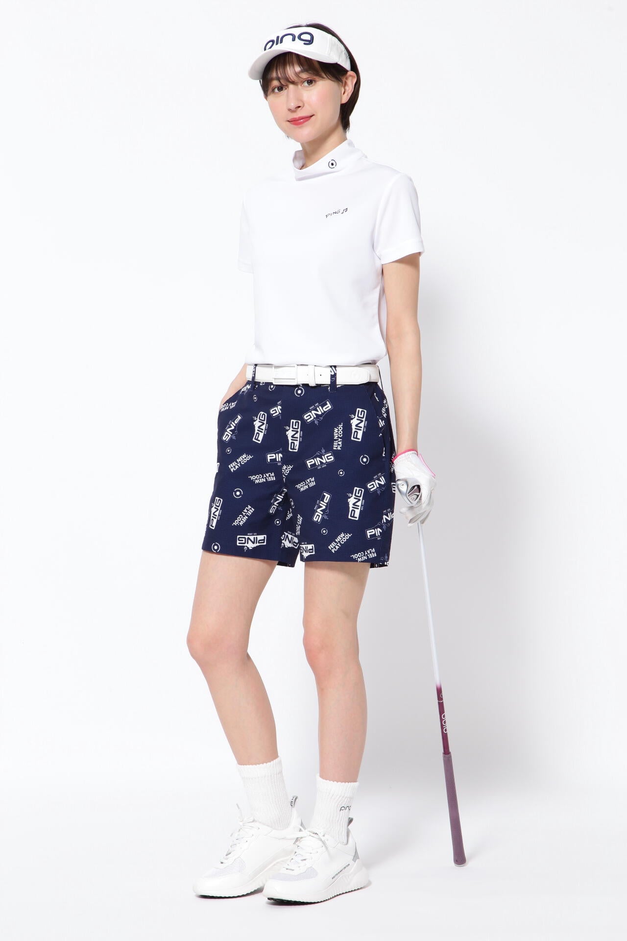 【PING APPAREL】ポリエステルカノコ 10色 半袖ハイネックカットソー <NATIVE> (LADIES)