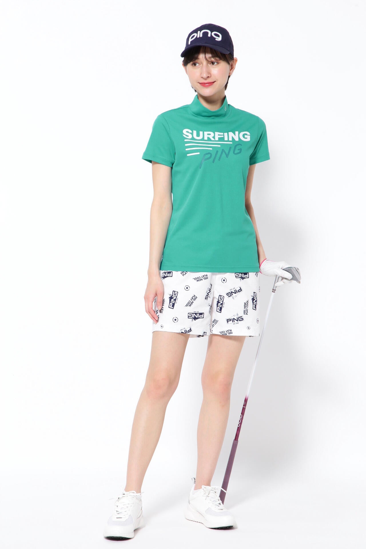 【PING APPAREL】ポリエステルカノコ 10色 半袖ハイネックカットソー <NATIVE> (LADIES)