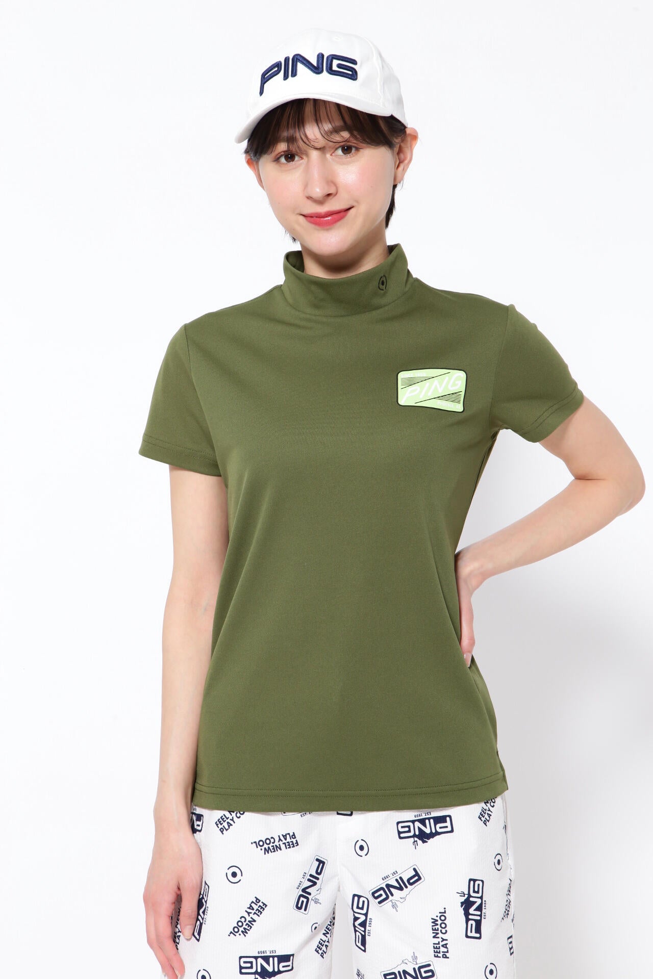 【PING APPAREL】ポリエステルカノコ 10色 半袖ハイネックカットソー <NATIVE> (LADIES)