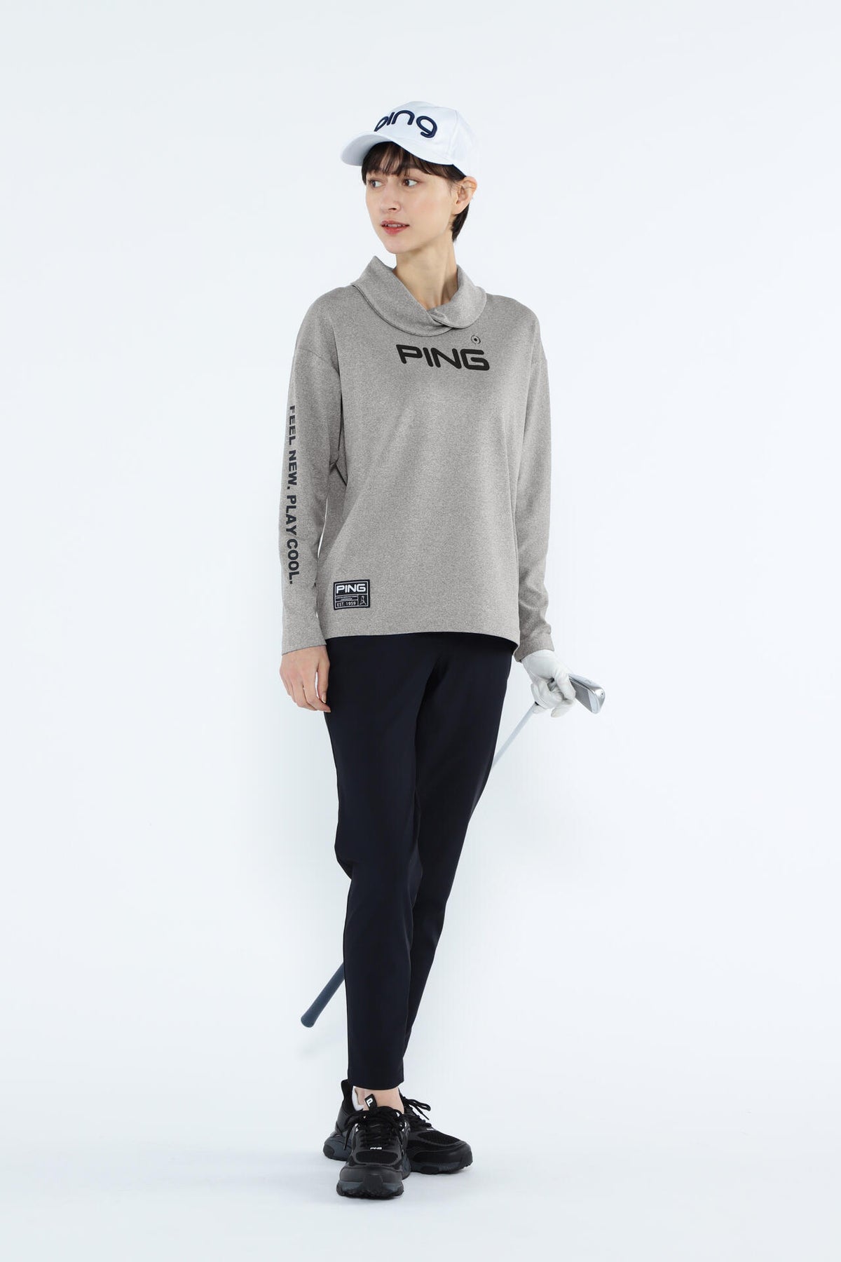 【PING APPAREL】ベアスムースUVハイストレッチ長袖裏フリース変形ハイネックカットソー <GOLD> (LADIES)