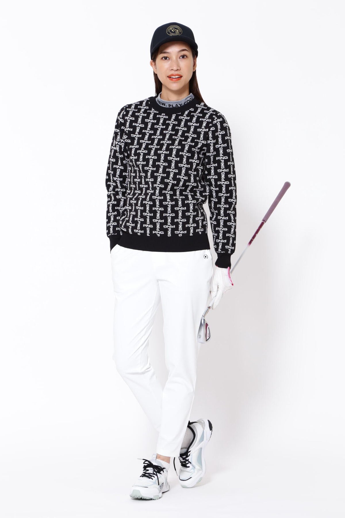 【PING APPAREL】モノグラム柄ジャガードクルーネックニットプルオーバー <GOLD> (LADIES)