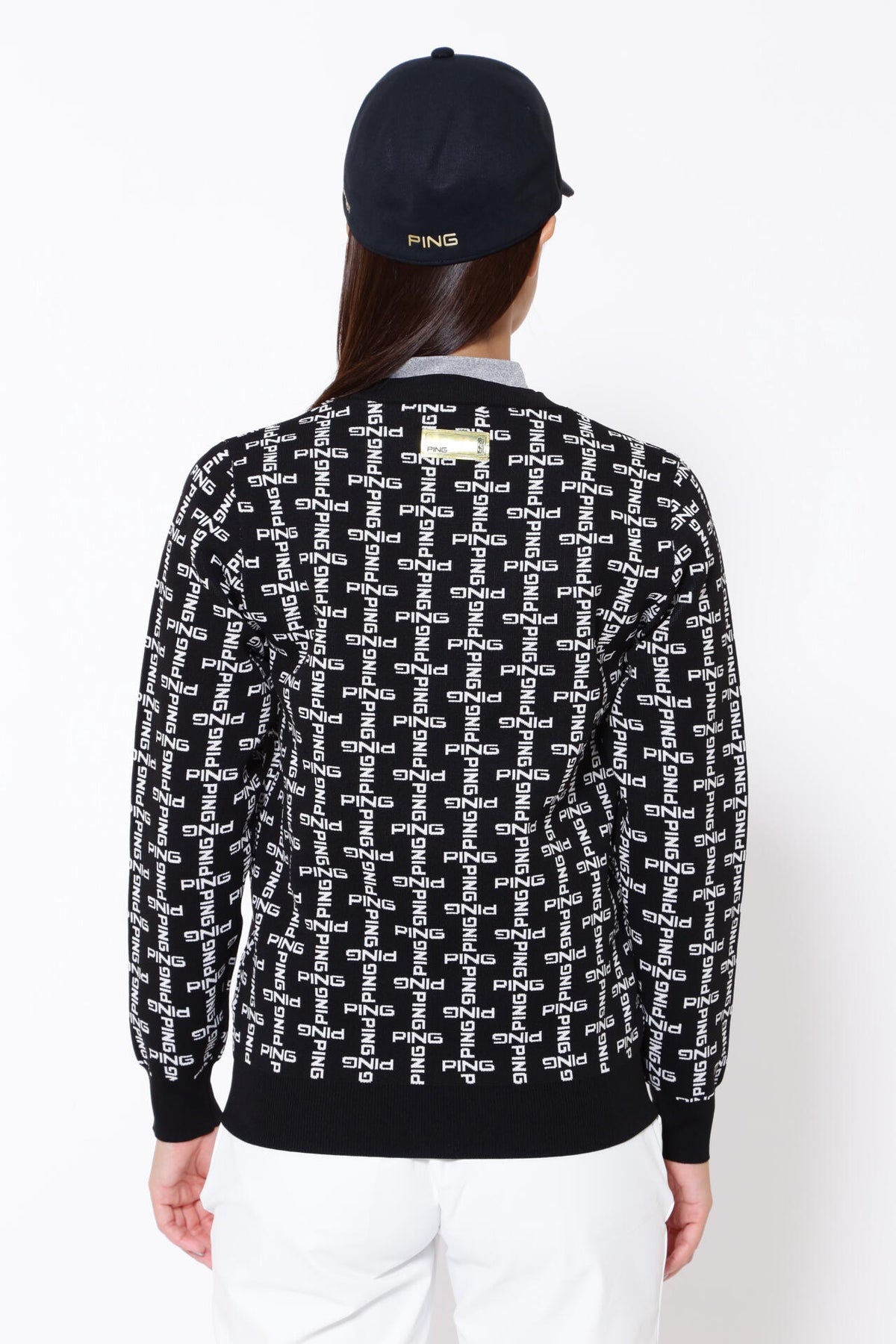 【PING APPAREL】モノグラム柄ジャガードクルーネックニットプルオーバー <GOLD> (LADIES)