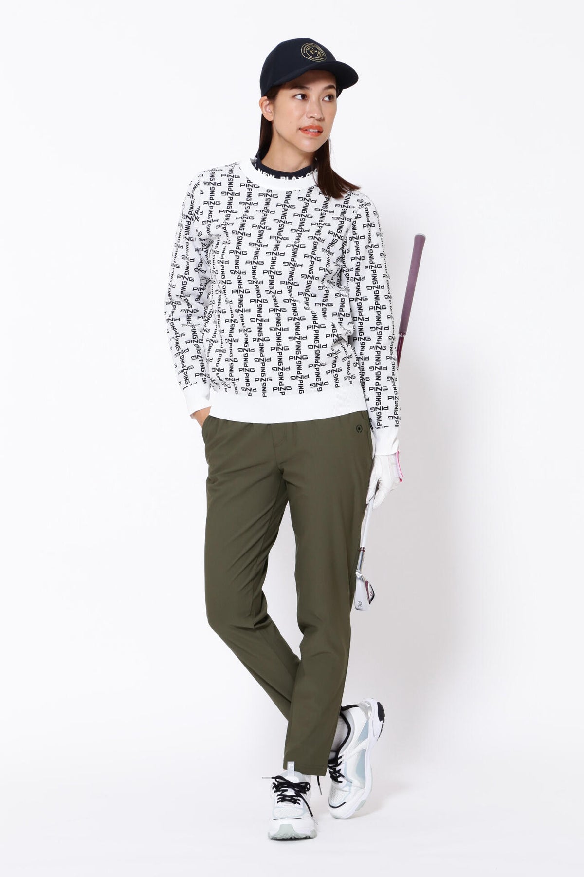 【PING APPAREL】モノグラム柄ジャガードクルーネックニットプルオーバー <GOLD> (LADIES)
