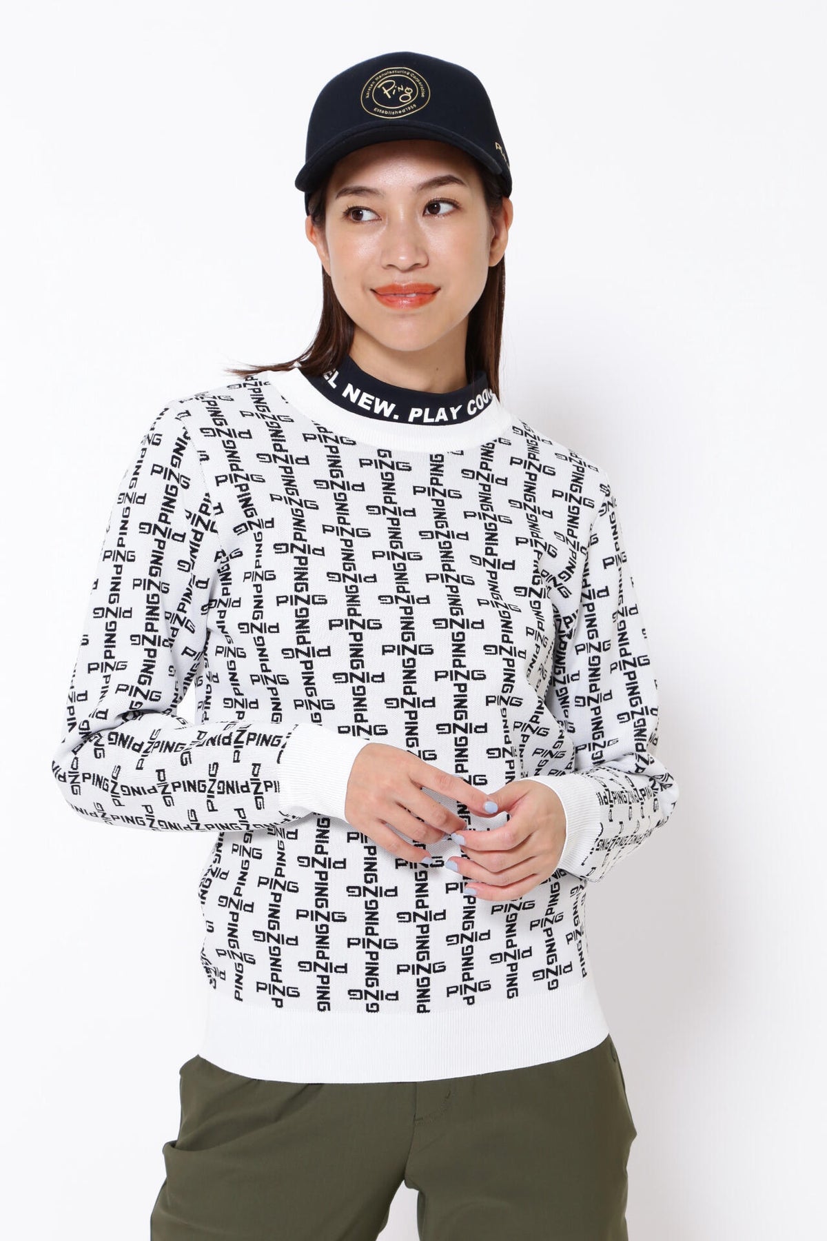 【PING APPAREL】モノグラム柄ジャガードクルーネックニットプルオーバー <GOLD> (LADIES)