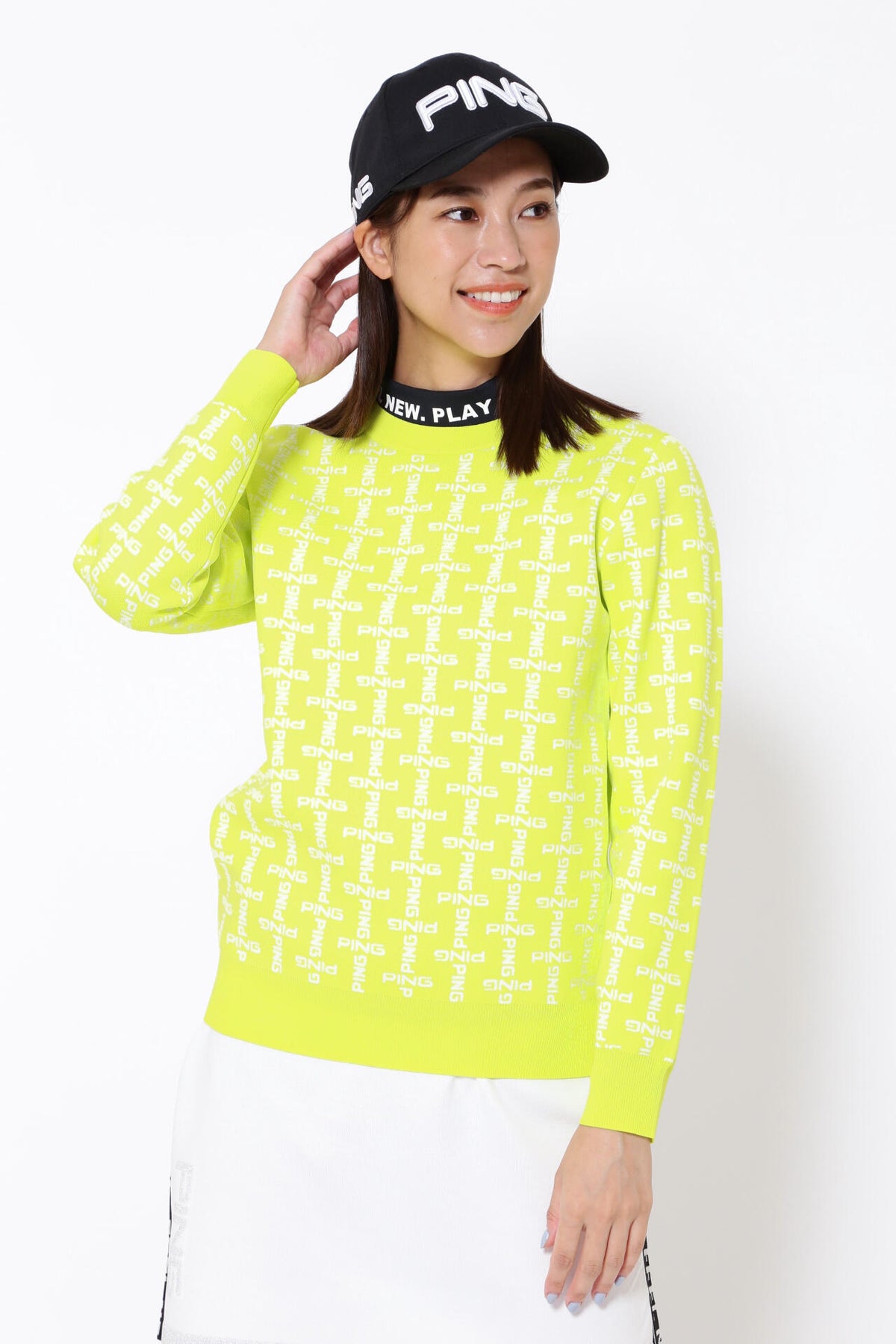 【PING APPAREL】モノグラム柄ジャガードクルーネックニットプルオーバー <GOLD> (LADIES)