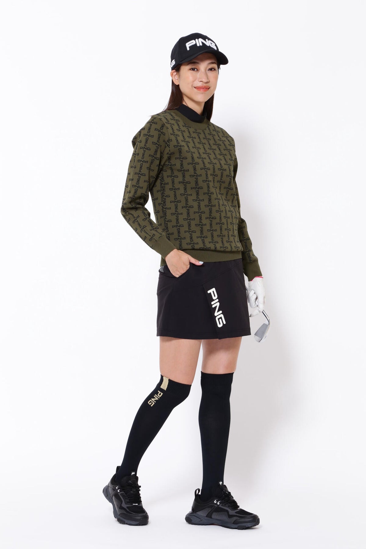 【PING APPAREL】モノグラム柄ジャガードクルーネックニットプルオーバー <GOLD> (LADIES)