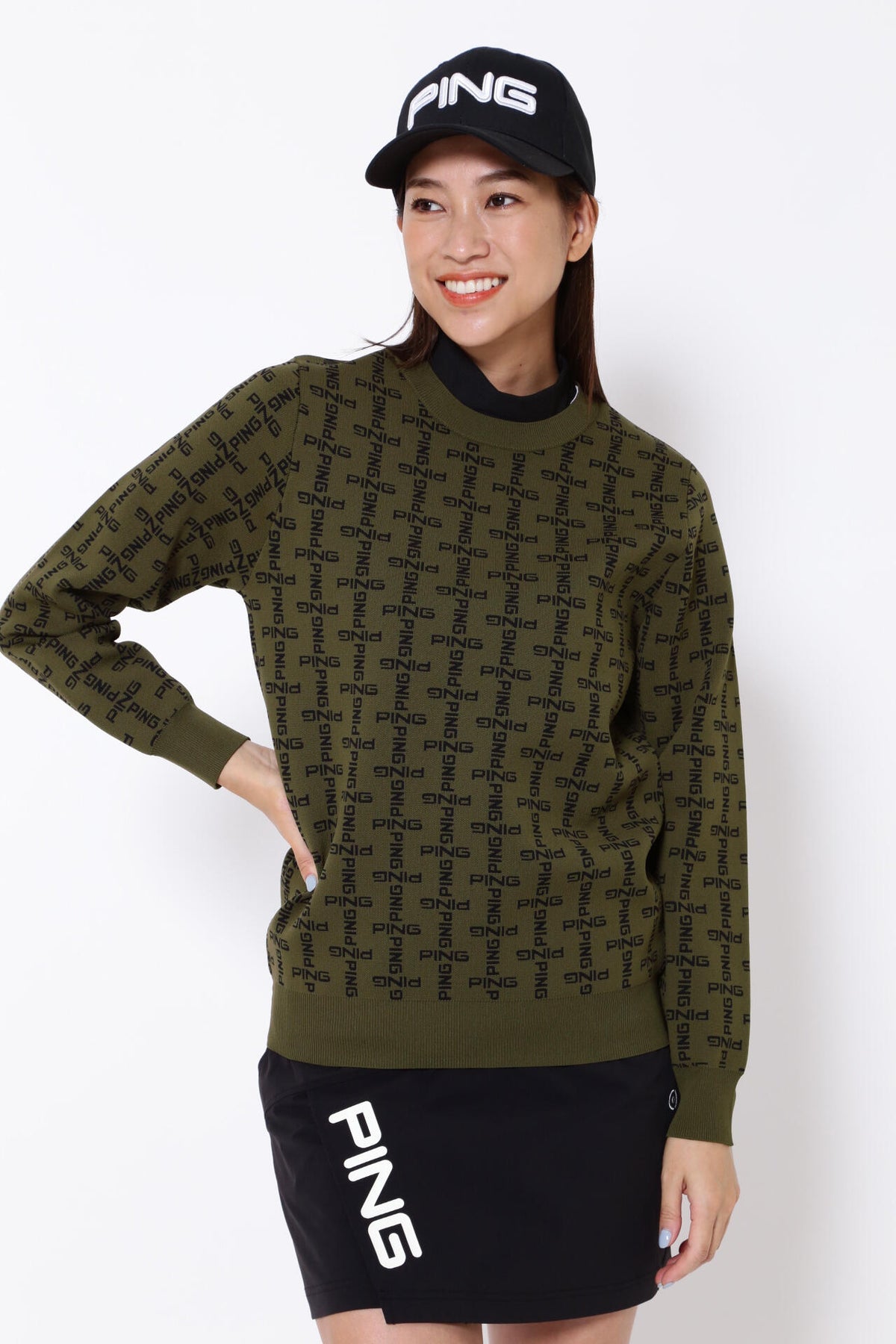 【PING APPAREL】モノグラム柄ジャガードクルーネックニットプルオーバー <GOLD> (LADIES)