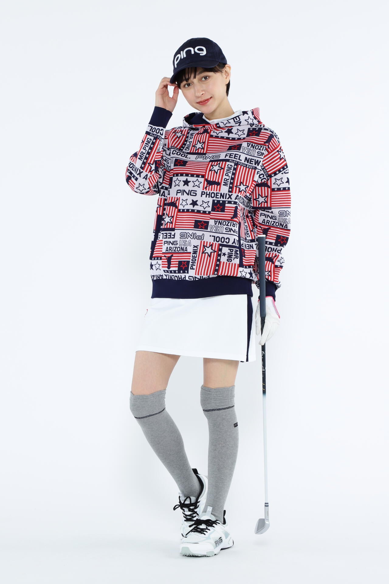 【PING APPAREL】Starry三色旗柄ジャガードニットフーディプルオーバー <NATIVE> (LADIES)