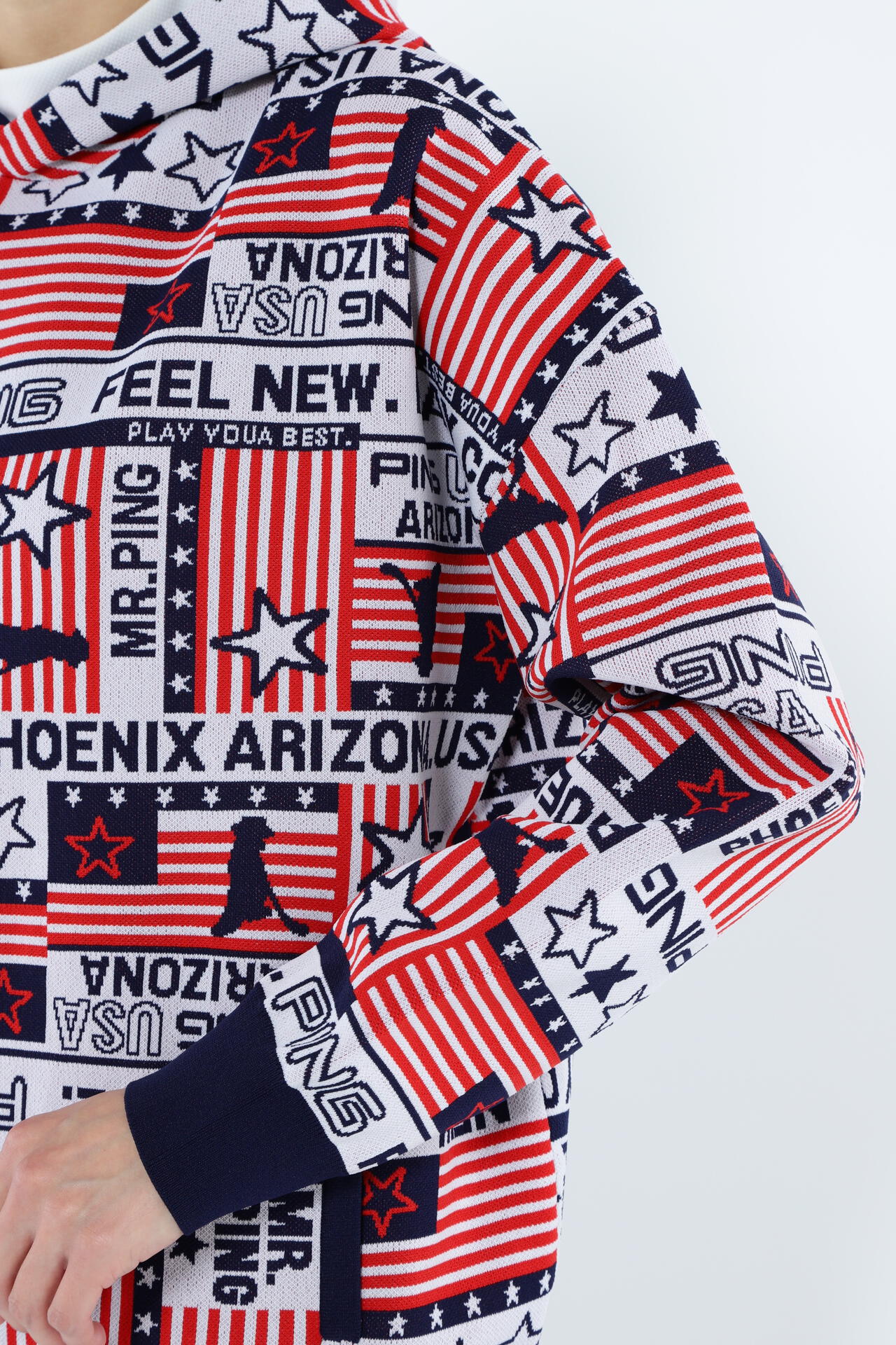 【PING APPAREL】Starry三色旗柄ジャガードニットフーディプルオーバー <NATIVE> (LADIES)