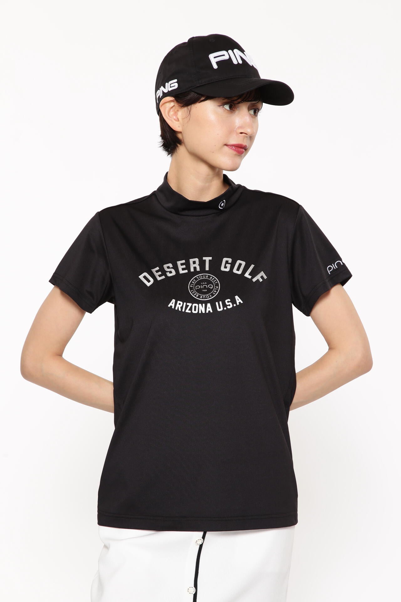 【PING APPAREL】メッシュボーダージャガード半袖ハイネックカットソー <LADIES LINE> (LADIES)