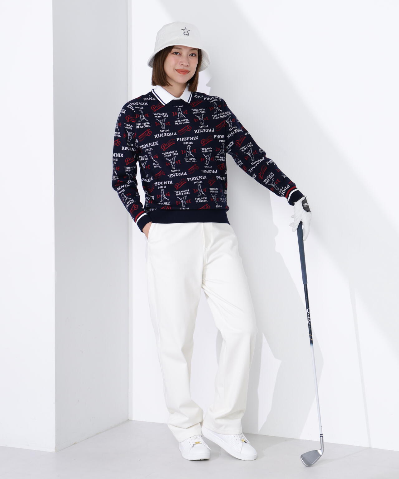 【PING APPAREL】ジャガード総柄クルーネックニットプルオーバー <LADIES LINE> (LADIES)