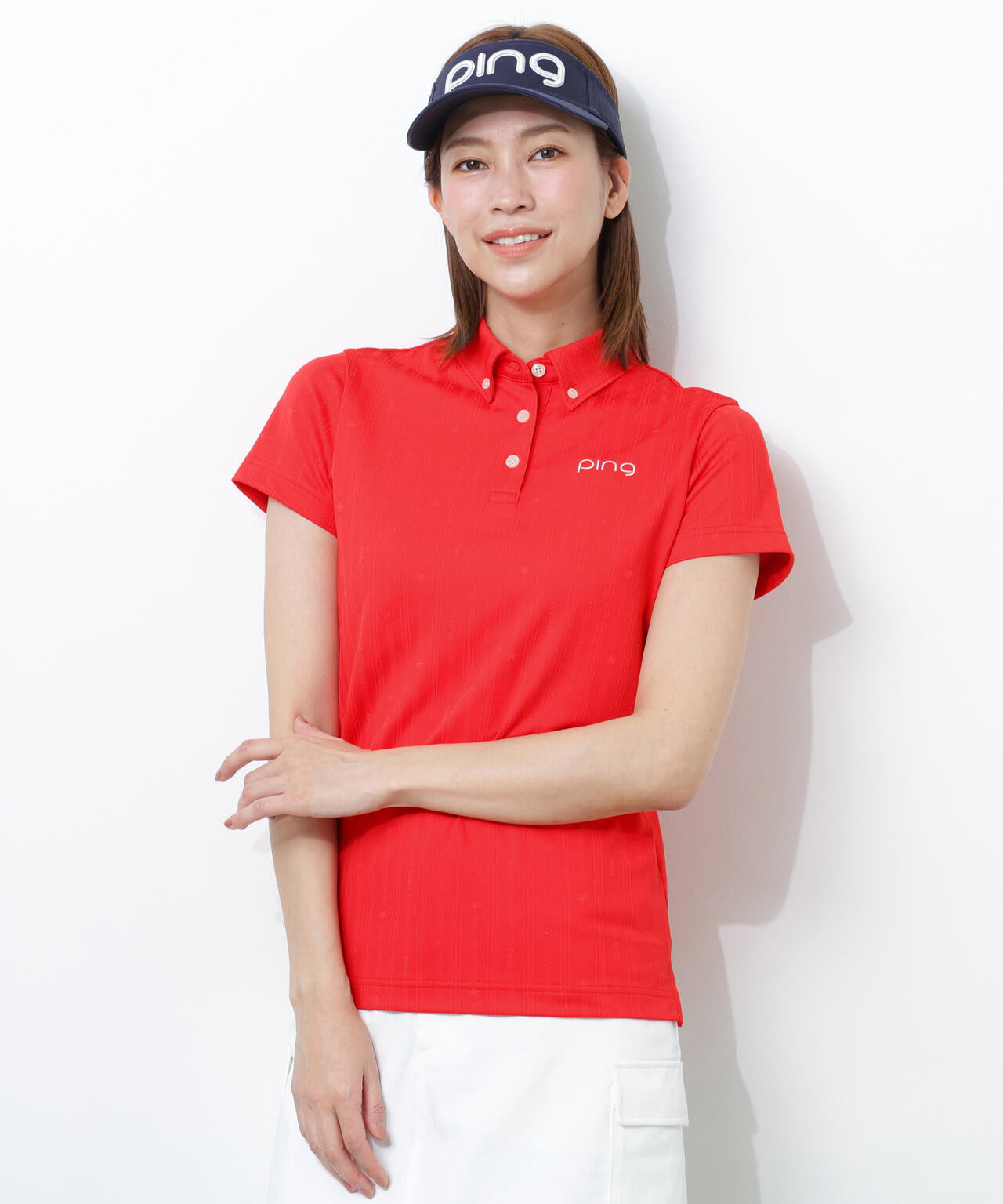 【PING APPAREL】凸凹ストライプジャガード半袖ボタンダウンシャツ <NATIVE> (LADIES)