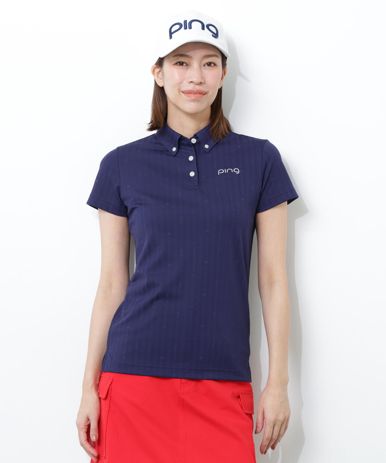 【PING APPAREL】凸凹ストライプジャガード半袖ボタンダウンシャツ <NATIVE> (LADIES)