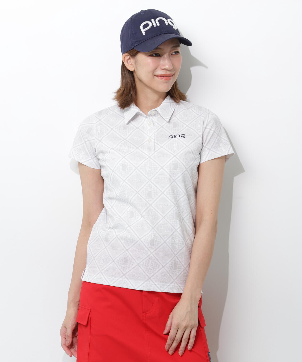 【PING APPAREL】バイアスチェックプリントEPIX変形ストレッチサッカー半袖ポロシャツ <NATIVE> (LADIES)