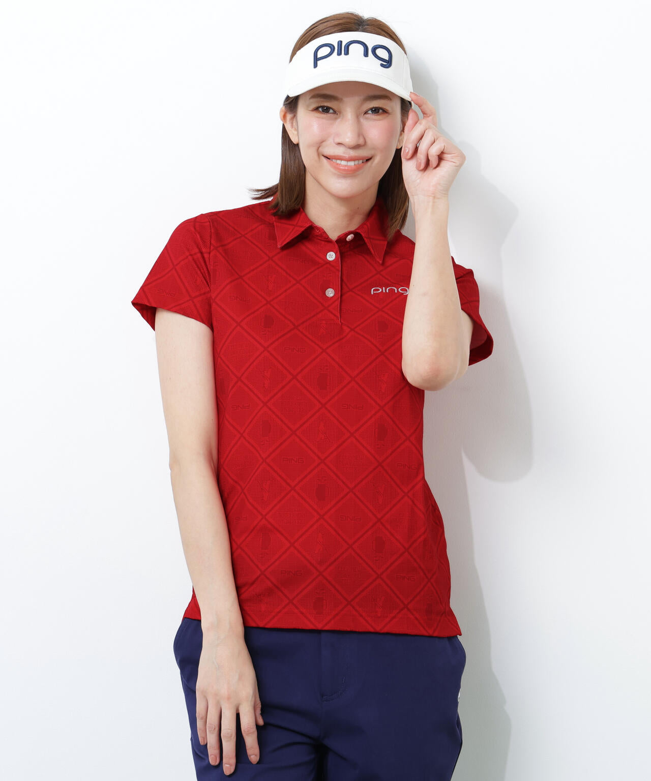 【PING APPAREL】バイアスチェックプリントEPIX変形ストレッチサッカー半袖ポロシャツ <NATIVE> (LADIES)
