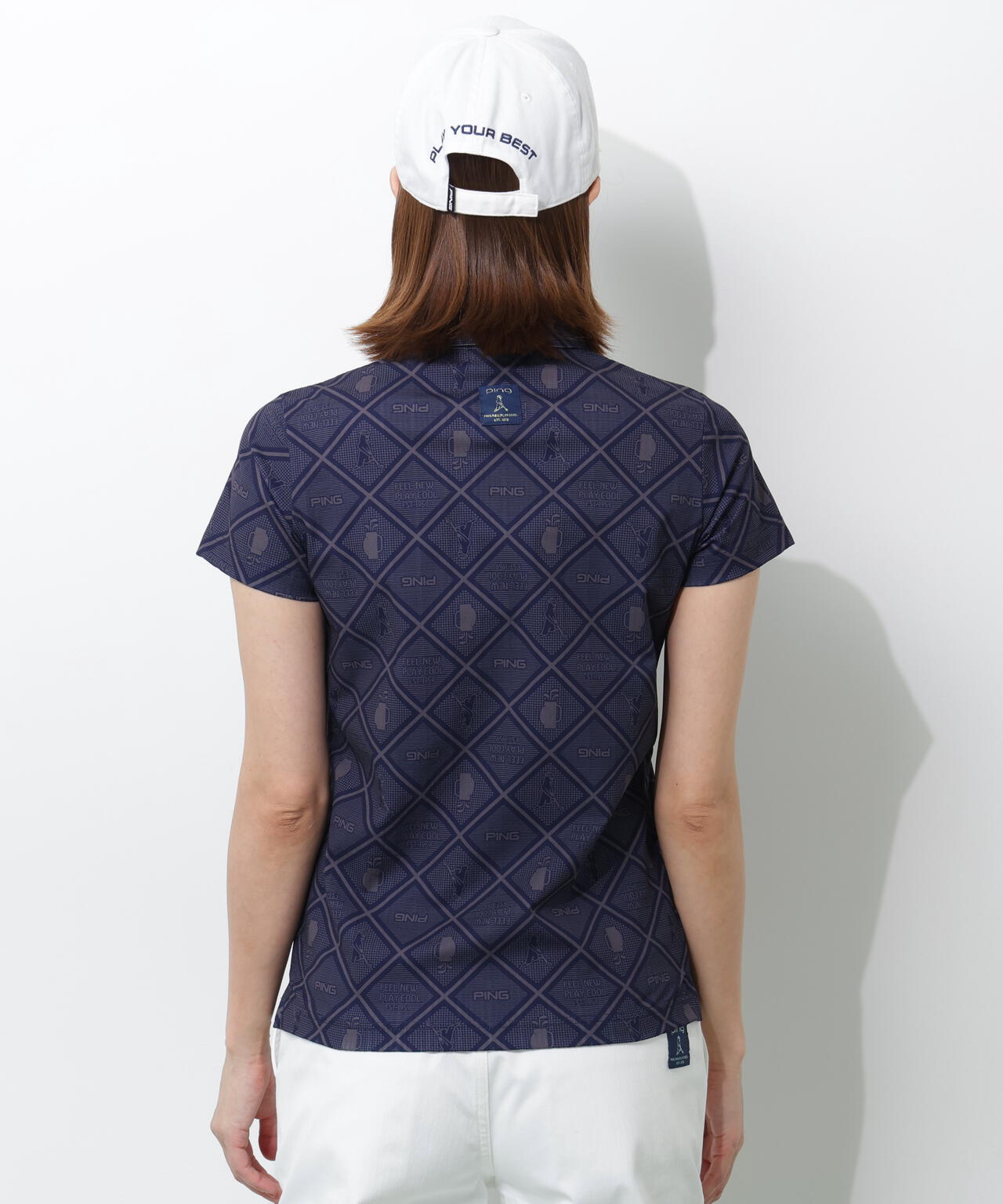 【PING APPAREL】バイアスチェックプリントEPIX変形ストレッチサッカー半袖ポロシャツ <NATIVE> (LADIES)