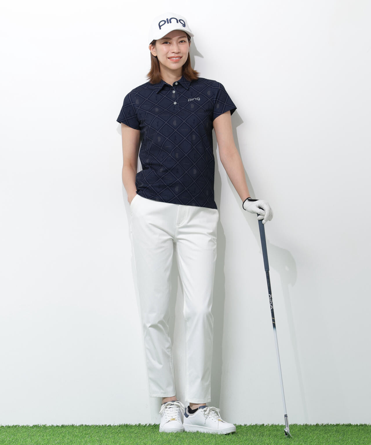 【PING APPAREL】バイアスチェックプリントEPIX変形ストレッチサッカー半袖ポロシャツ <NATIVE> (LADIES)