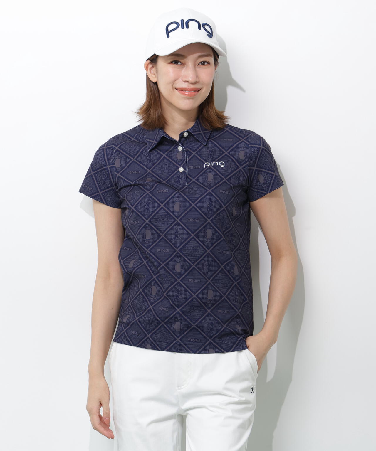 【PING APPAREL】バイアスチェックプリントEPIX変形ストレッチサッカー半袖ポロシャツ <NATIVE> (LADIES)