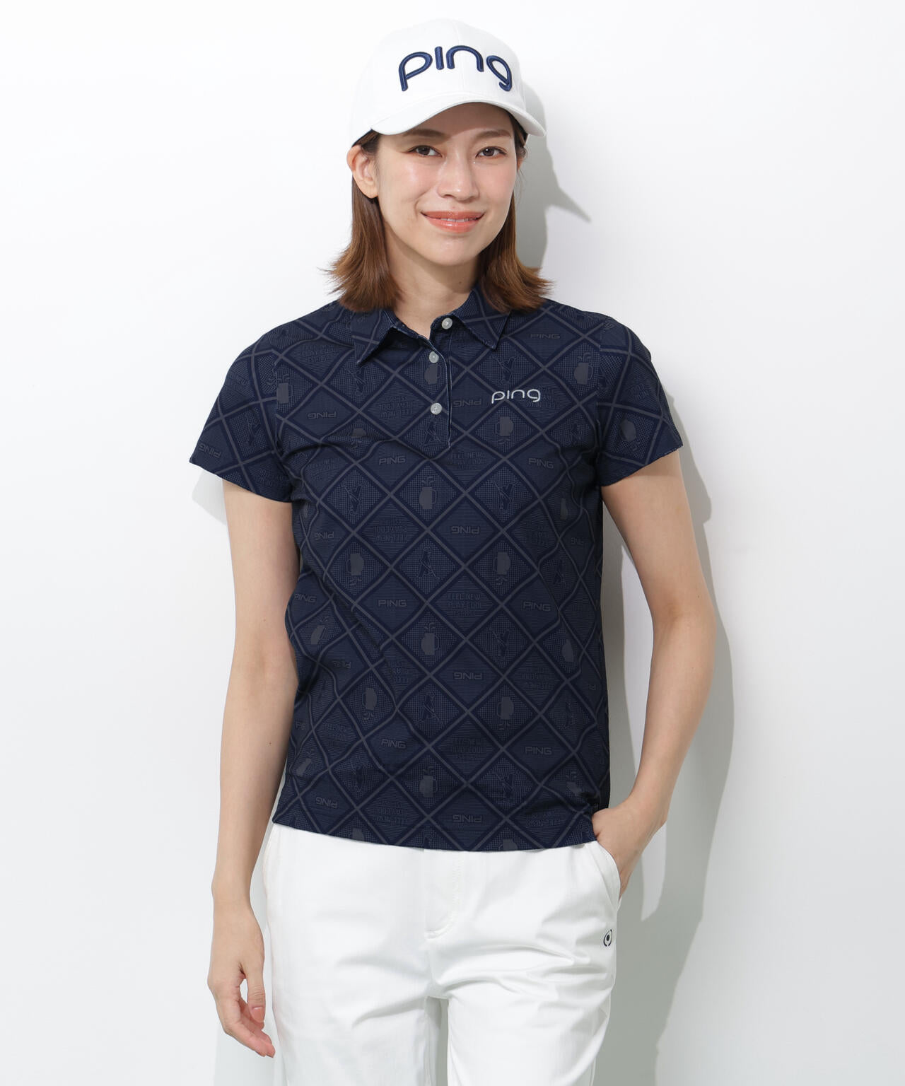 【PING APPAREL】バイアスチェックプリントEPIX変形ストレッチサッカー半袖ポロシャツ <NATIVE> (LADIES)