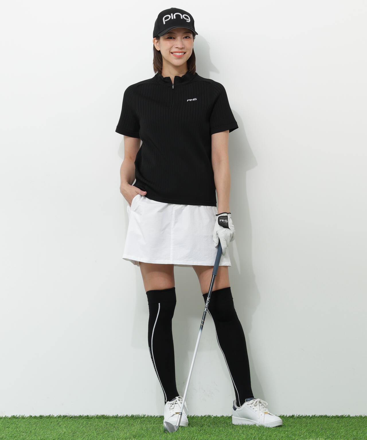 【PING APPAREL】エンボス半袖ニットハーフジップアッププルオーバー <GOLD> (LADIES)