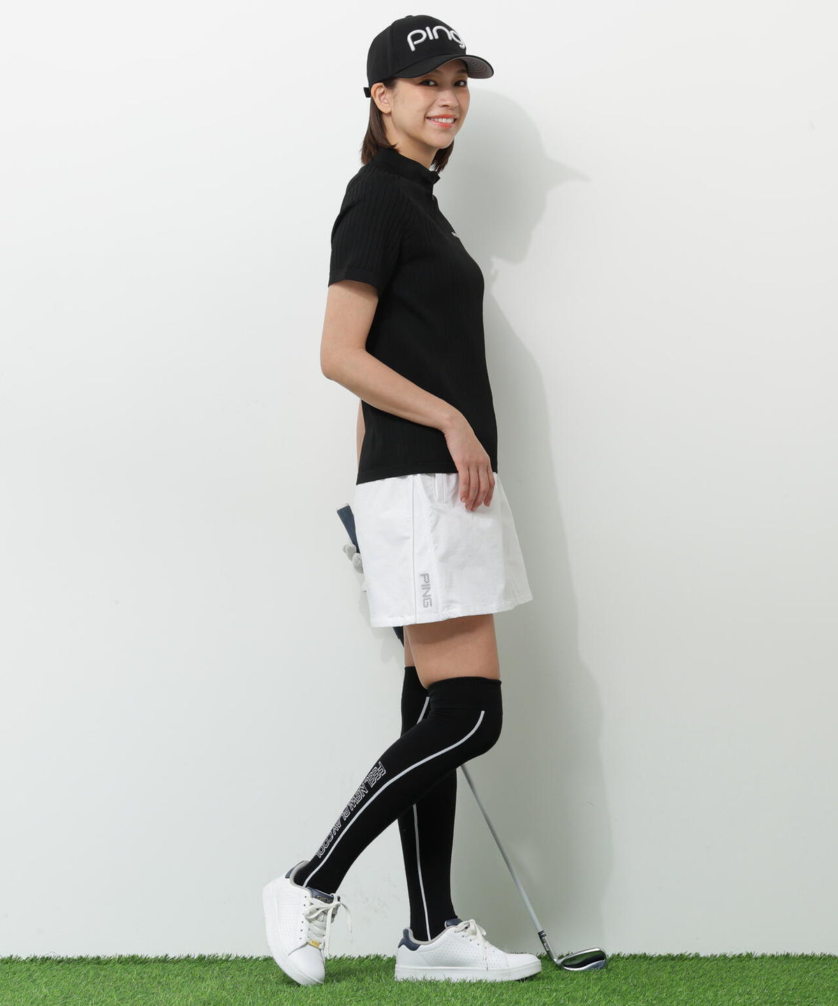 【PING APPAREL】エンボス半袖ニットハーフジップアッププルオーバー <GOLD> (LADIES)