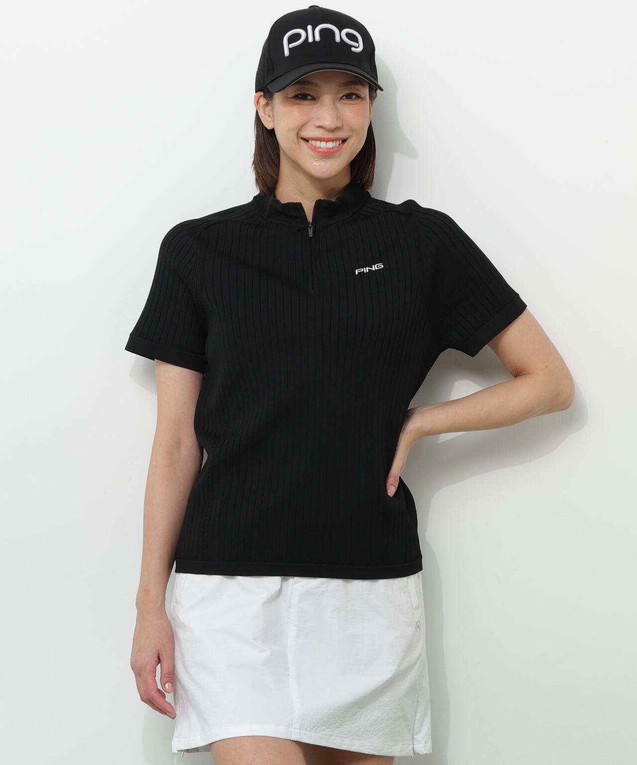 【PING APPAREL】エンボス半袖ニットハーフジップアッププルオーバー <GOLD> (LADIES)