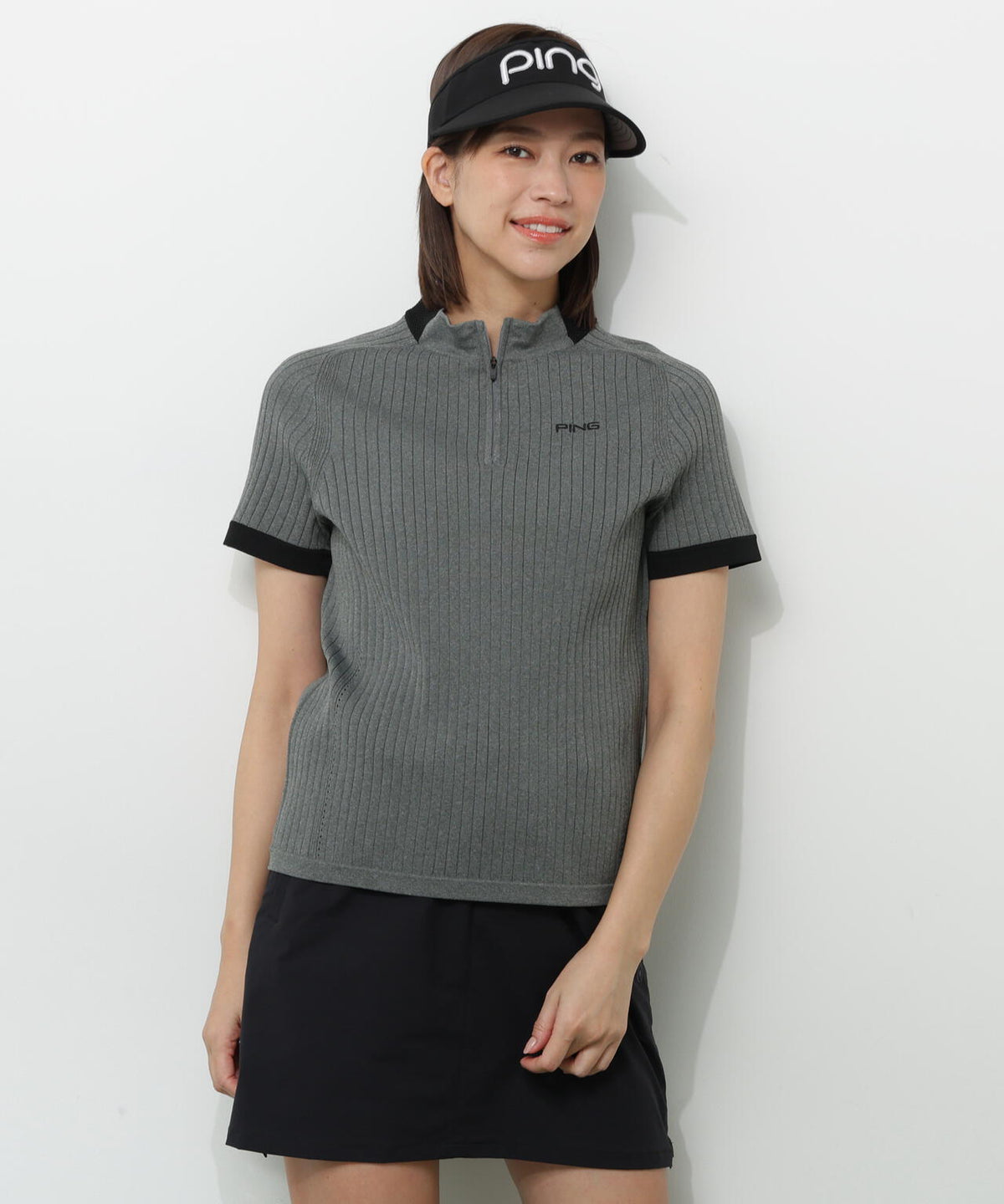 【PING APPAREL】エンボス半袖ニットハーフジップアッププルオーバー <GOLD> (LADIES)