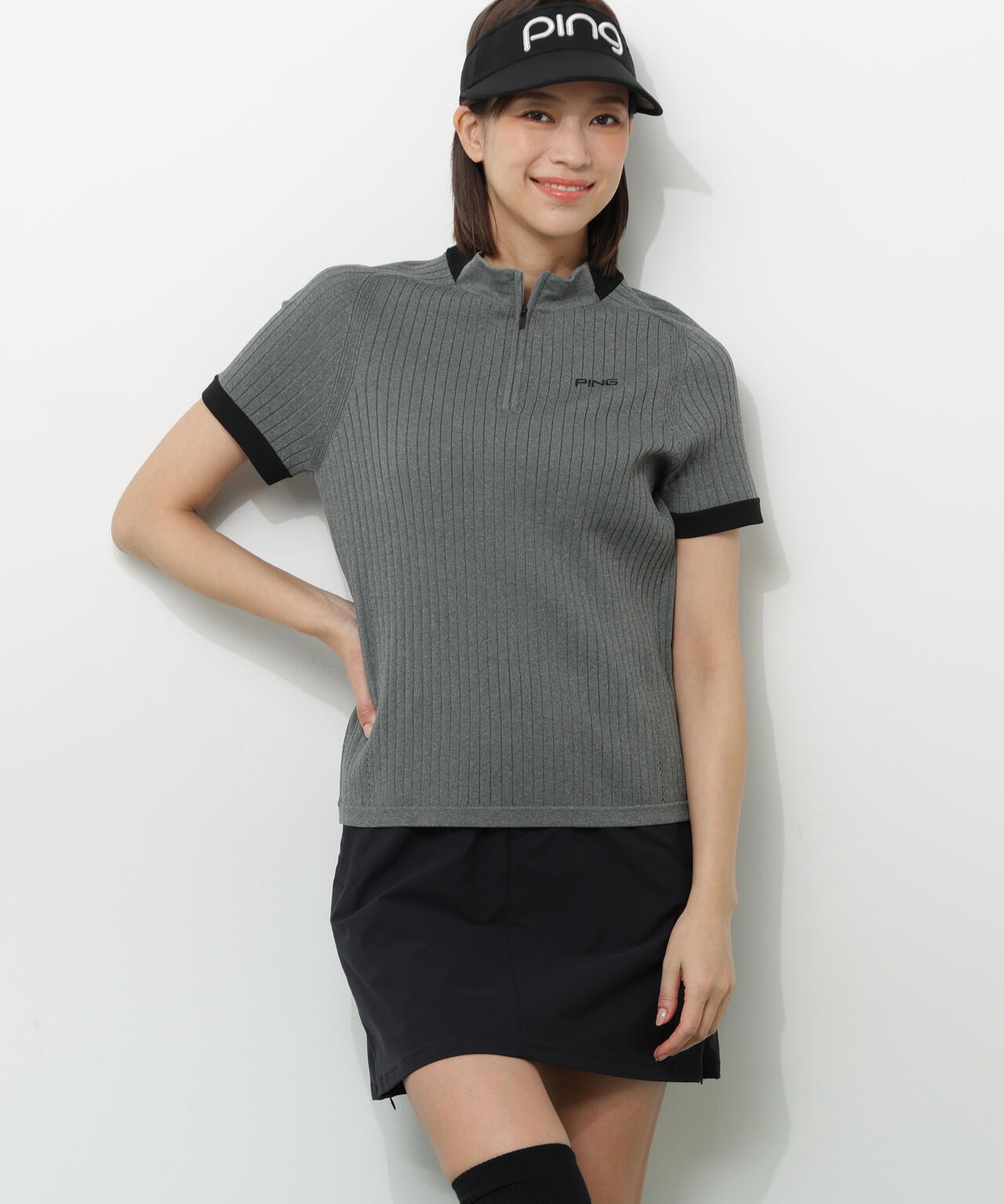 【PING APPAREL】エンボス半袖ニットハーフジップアッププルオーバー <GOLD> (LADIES)