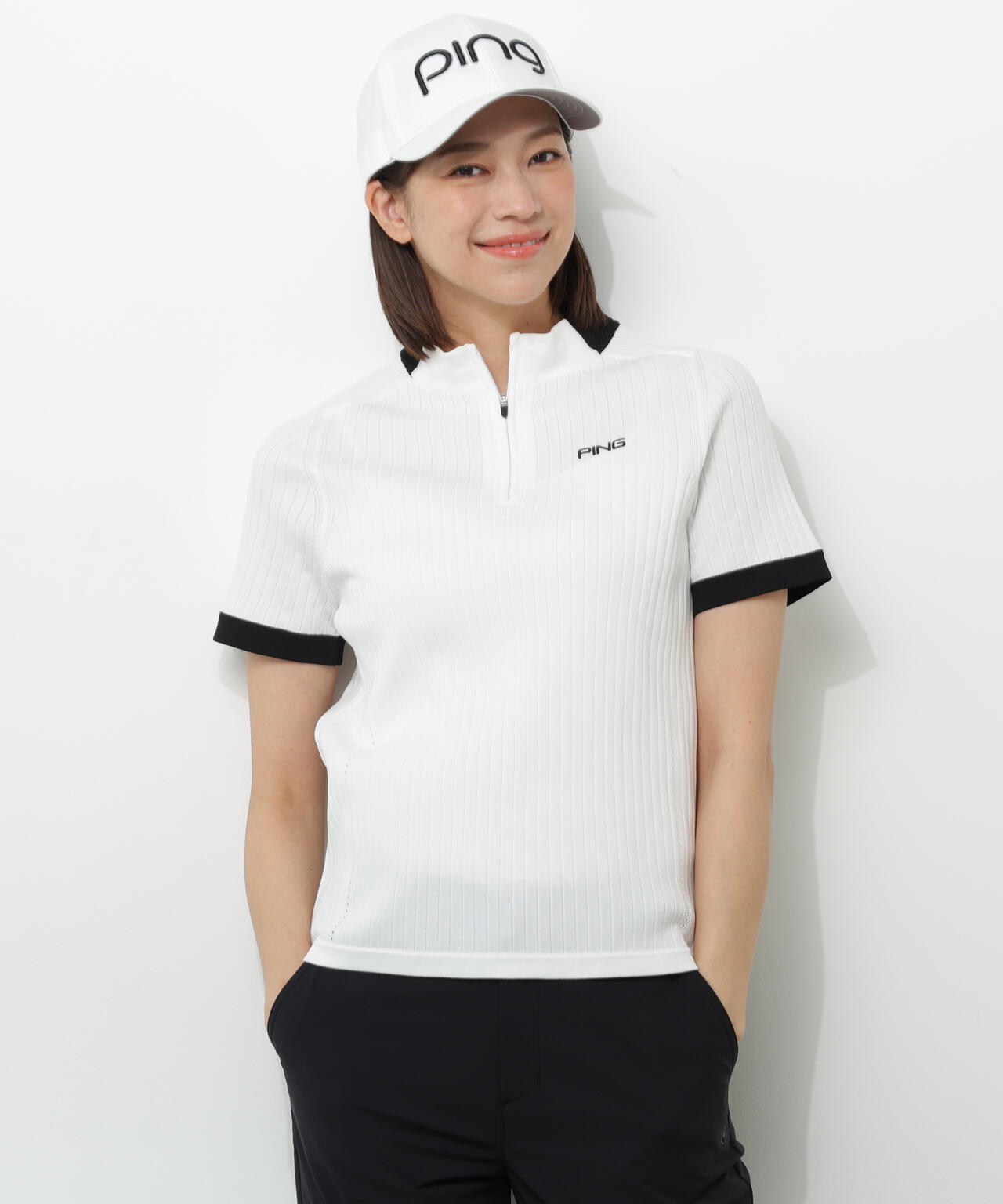 【PING APPAREL】エンボス半袖ニットハーフジップアッププルオーバー <GOLD> (LADIES)
