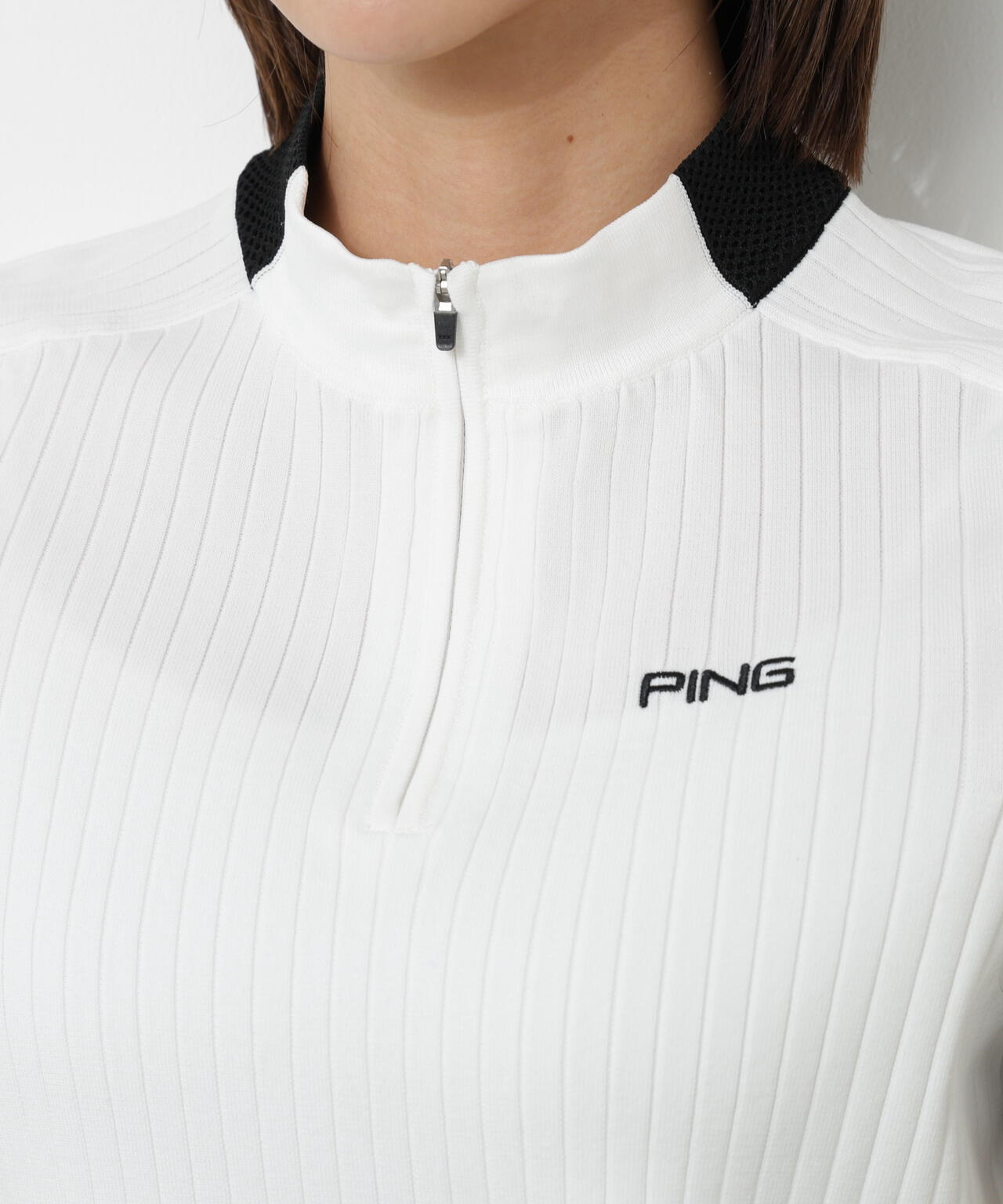 【PING APPAREL】エンボス半袖ニットハーフジップアッププルオーバー <GOLD> (LADIES)