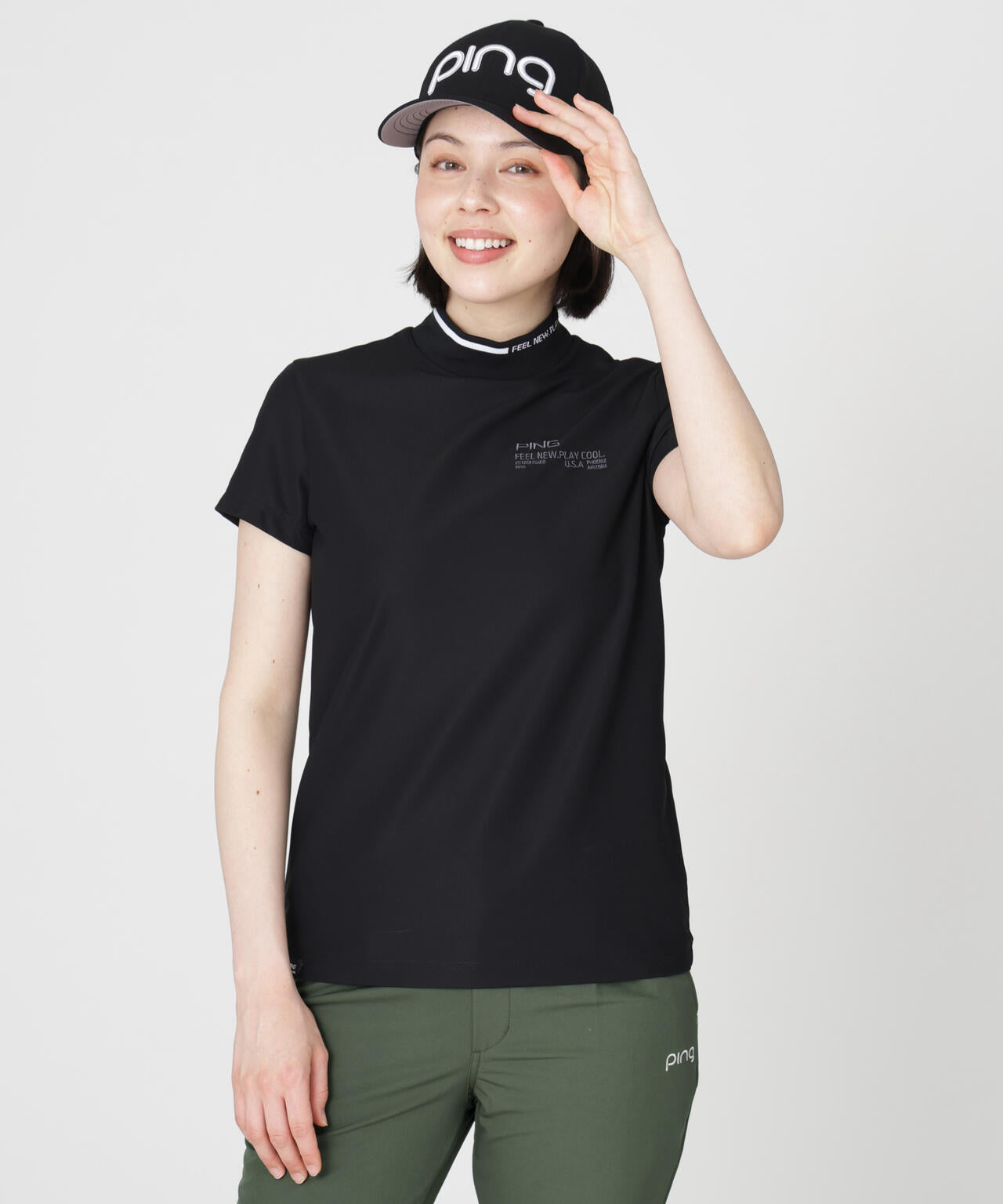【PING APPAREL】ワッフルロゴジャカード衿半袖ハイネックシャツ (LADIES)