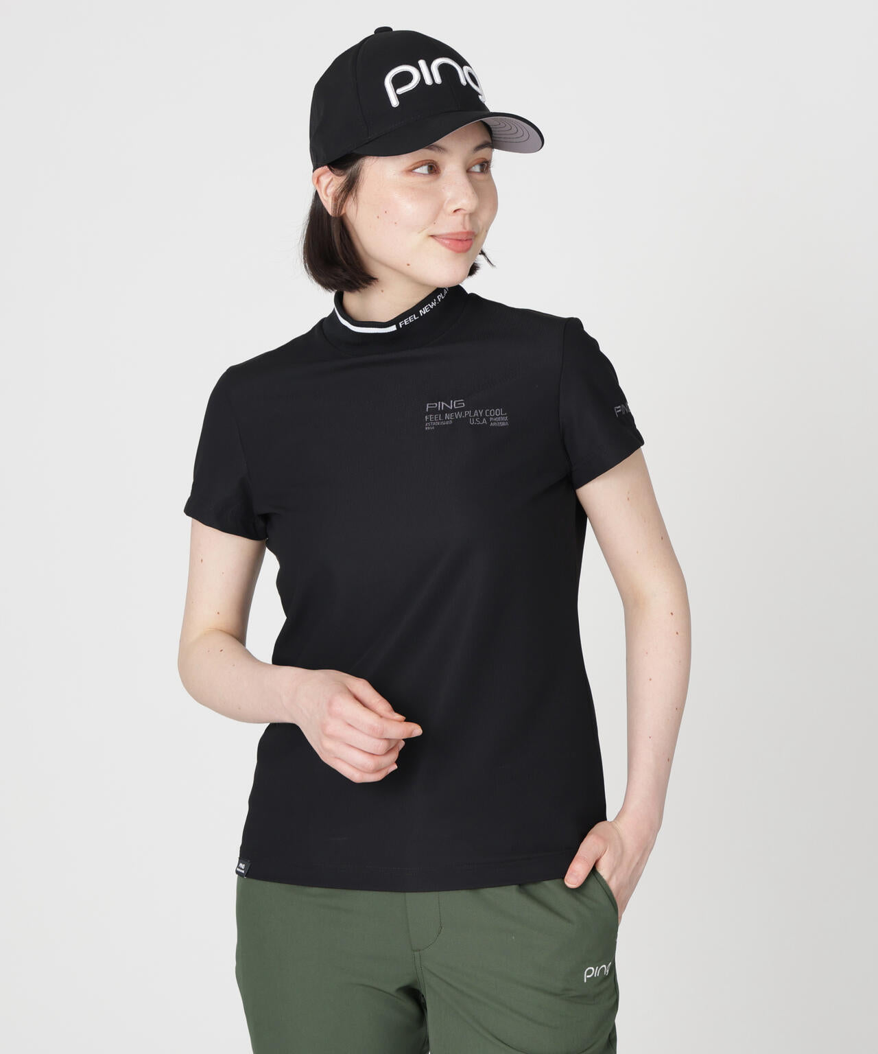 【PING APPAREL】ワッフルロゴジャカード衿半袖ハイネックシャツ (LADIES)